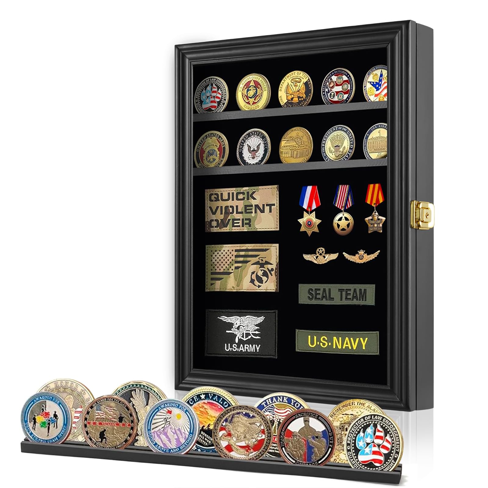 LIUYALO Lockable Shadow Box Display Case - Wall Mounted Medal & Military Challenge Coin Holder with Removable Shelves | Perfect for Collectors, Military Pins, Awards & Memorabilia Organization | Home, Office or Military Barracks Decor