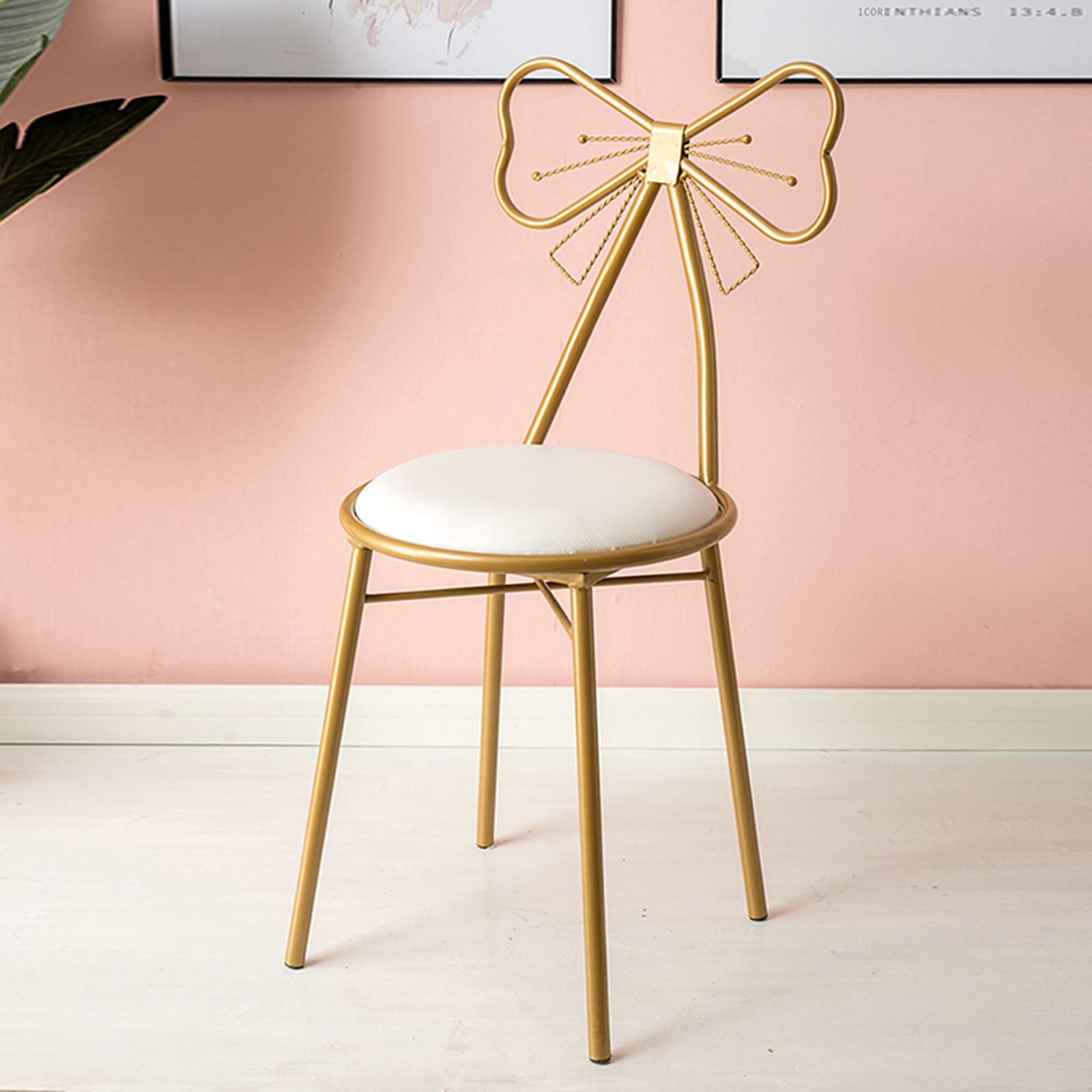Golden Makeup Chair with Pink Cushion - Elegant Metal Dining Chair with Butterfly Bow Tie Backrest, Creative Dressing Table Stool for Girls Bedroom, Lounge & Decorative Furniture - Perfect for Vanity, Salon, and Home Decor
