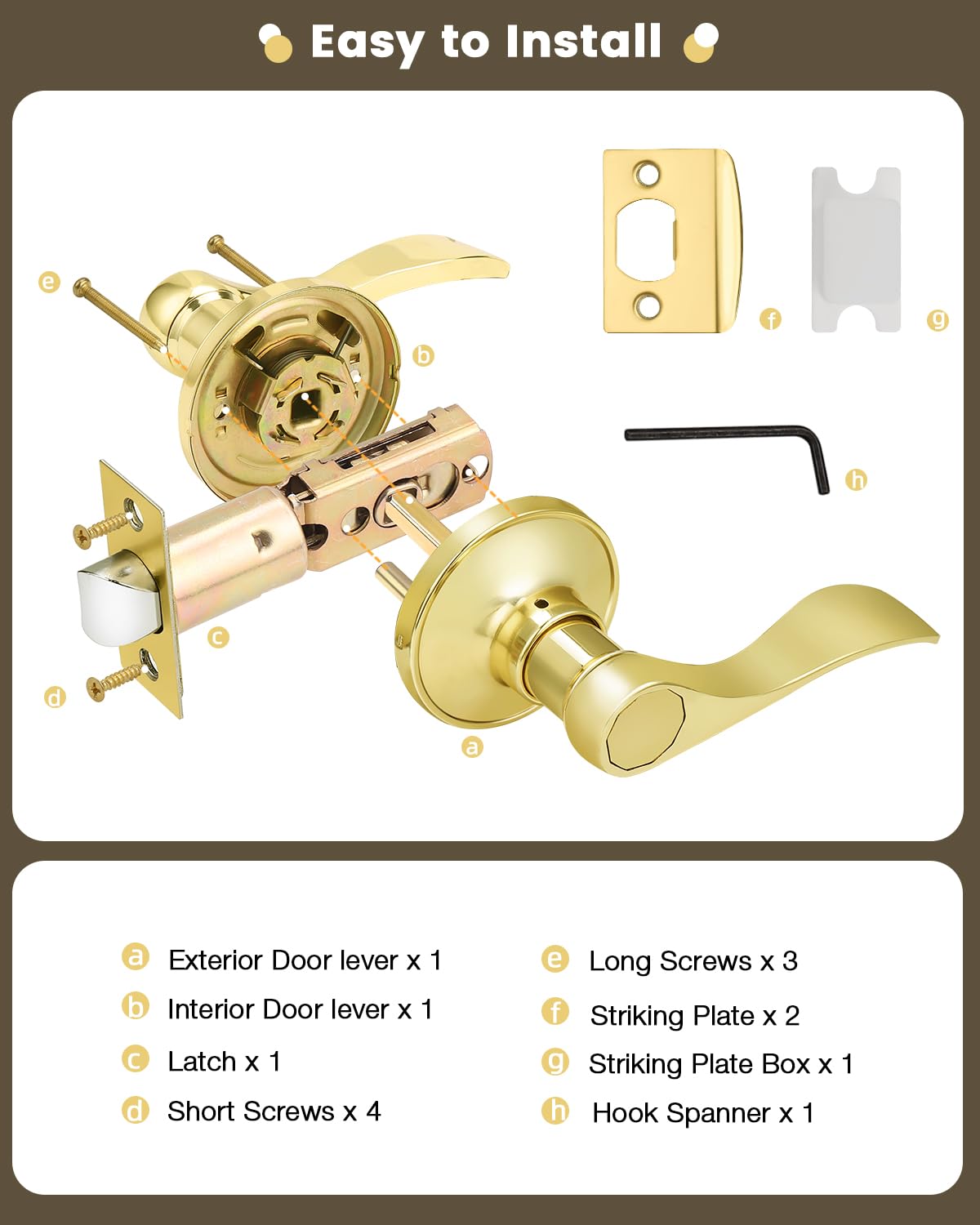 8 Pack Polished Brass Passage Door Levers - Non-Locking Interior Door Handlesets for Closet & Hallway (Right/Left Handing) - Perfect for Bedroom, Bathroom & Office Doors