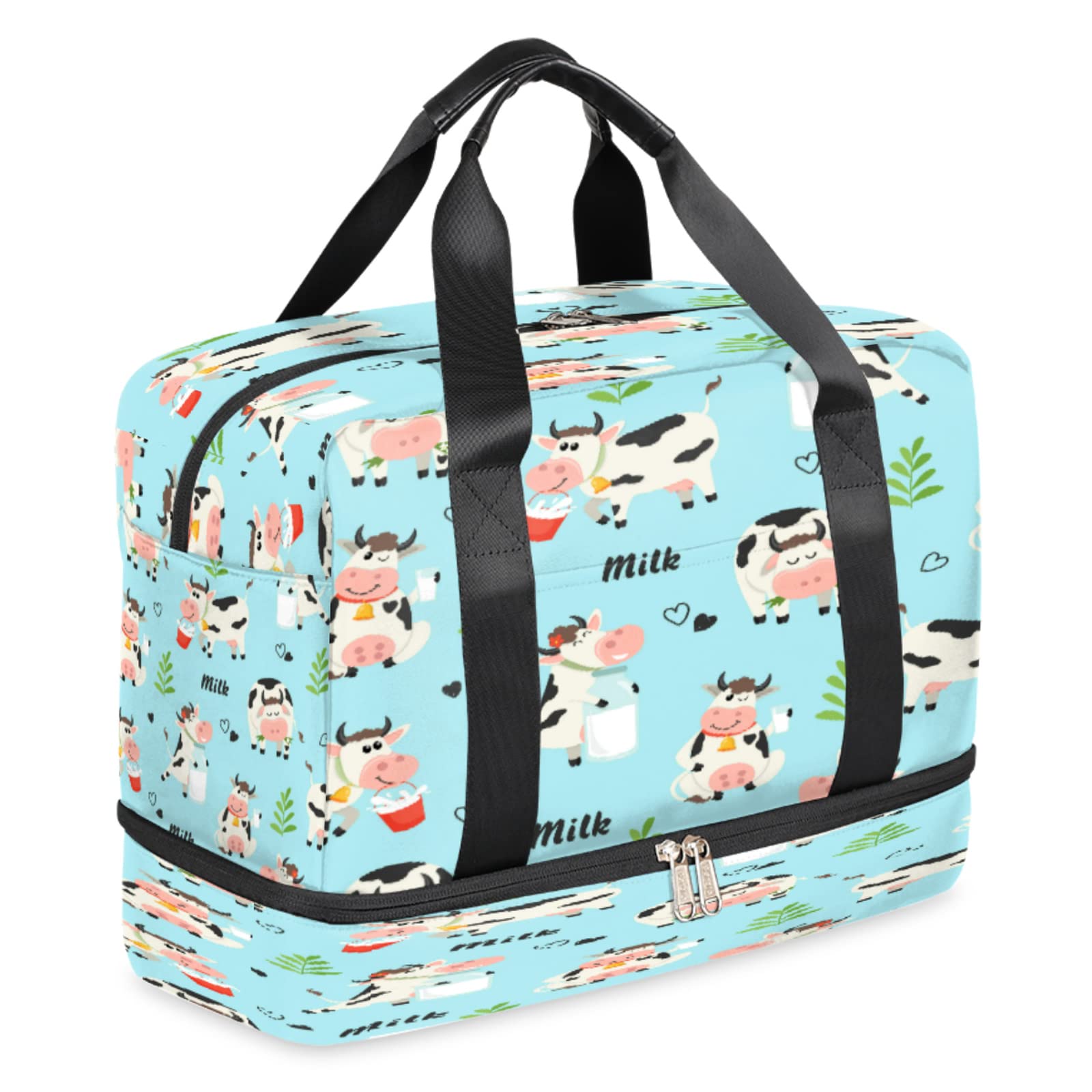 Large Waterproof Travel Duffel Bag with Wet Pocket & Shoe Compartment - Sports Gym Bag for Men & Women - Durable Overnight Weekender Bag with Dairy Cow Pattern - Perfect for Gym, Travel, Camping & Weekend Getaways