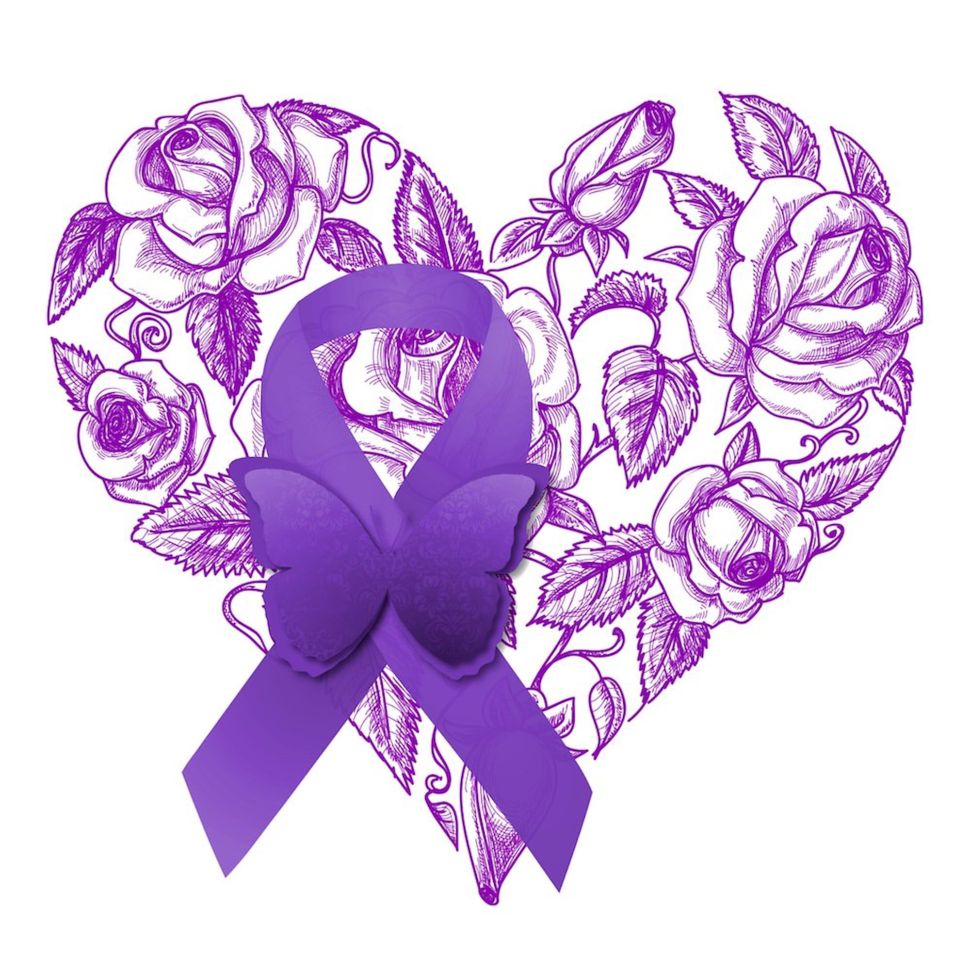 Purple Awareness Ribbon with Roses Sticker - Square Bumper Car Decal for Windows, Laptops & Notebooks - Show Support for Cancer Awareness & Causes