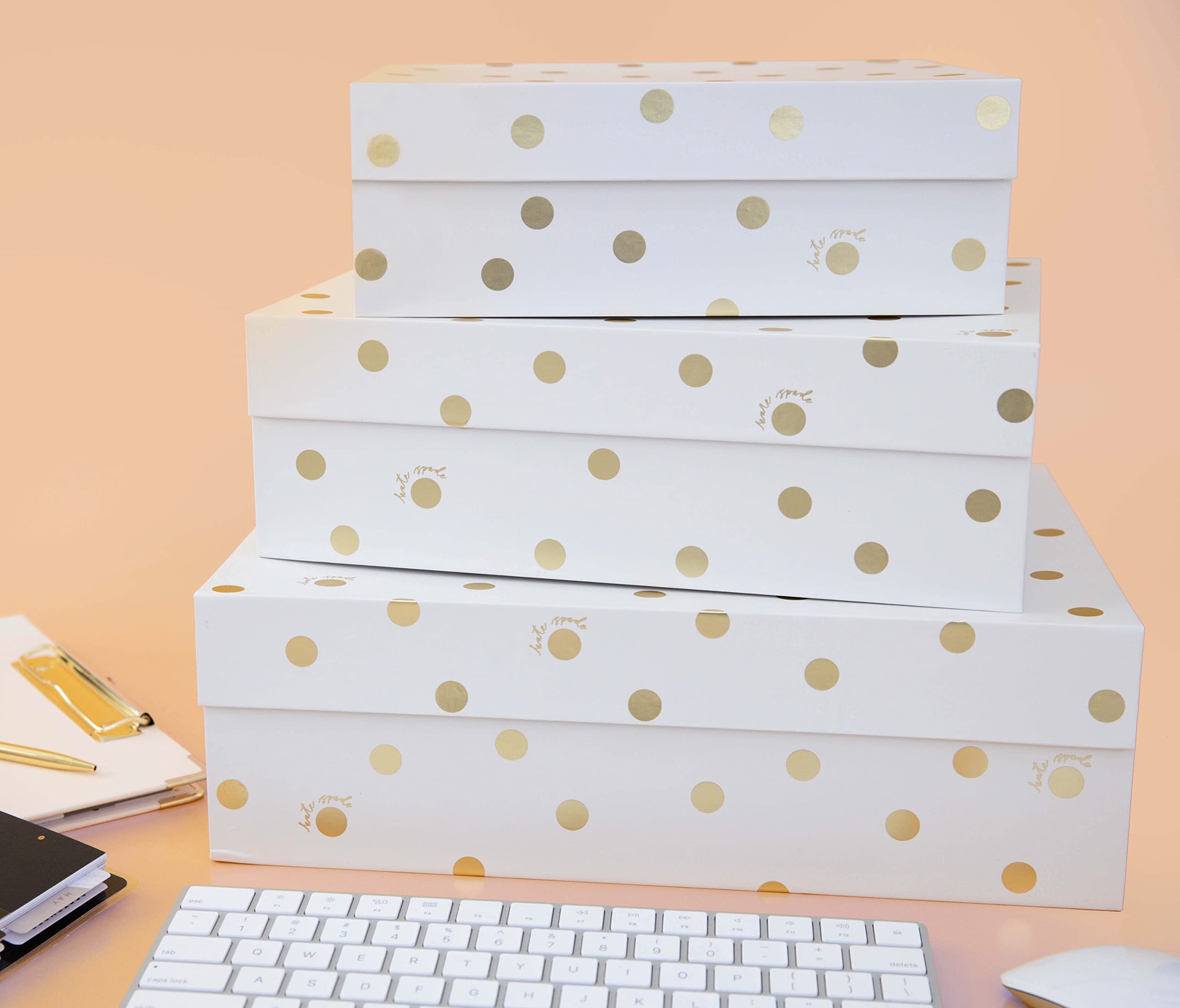 Kate Spade New York 3-Pack Decorative Storage Boxes with Lids - Small Medium Large Pink Nesting Organizer Bins with Magnetic Closure, Gold Dot & Script Design | Perfect for Home Office, Bedroom & Closet Organization