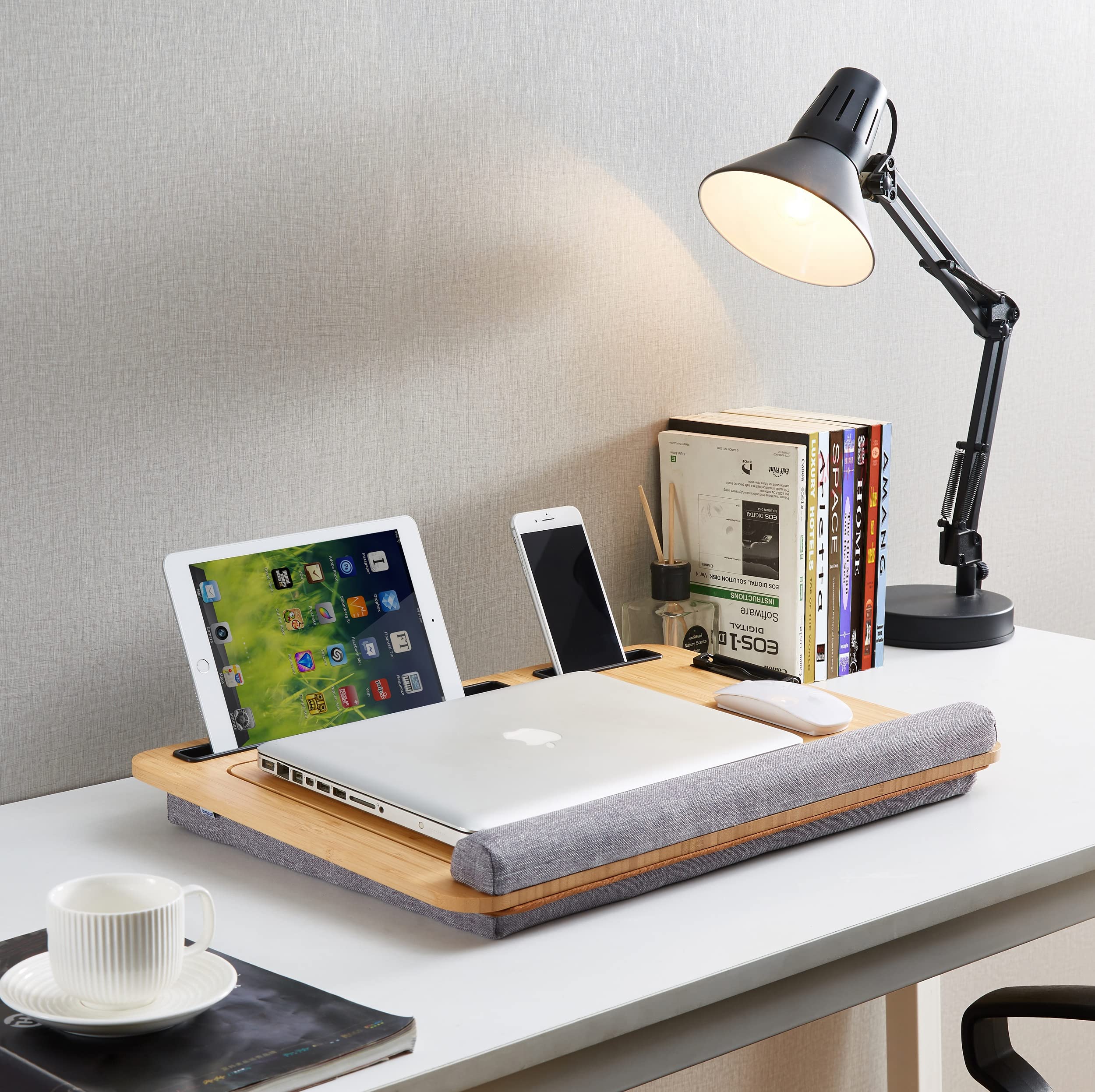 Adjustable Bamboo Laptop Lap Desk with Cushion & Wrist Pad - Portable Bed Tray Stand for Laptop, Notebook, Tablet - Features Clip & Media Slots (Natural Bamboo/Grey) - Perfect for Working in Bed, Couch, or Traveling