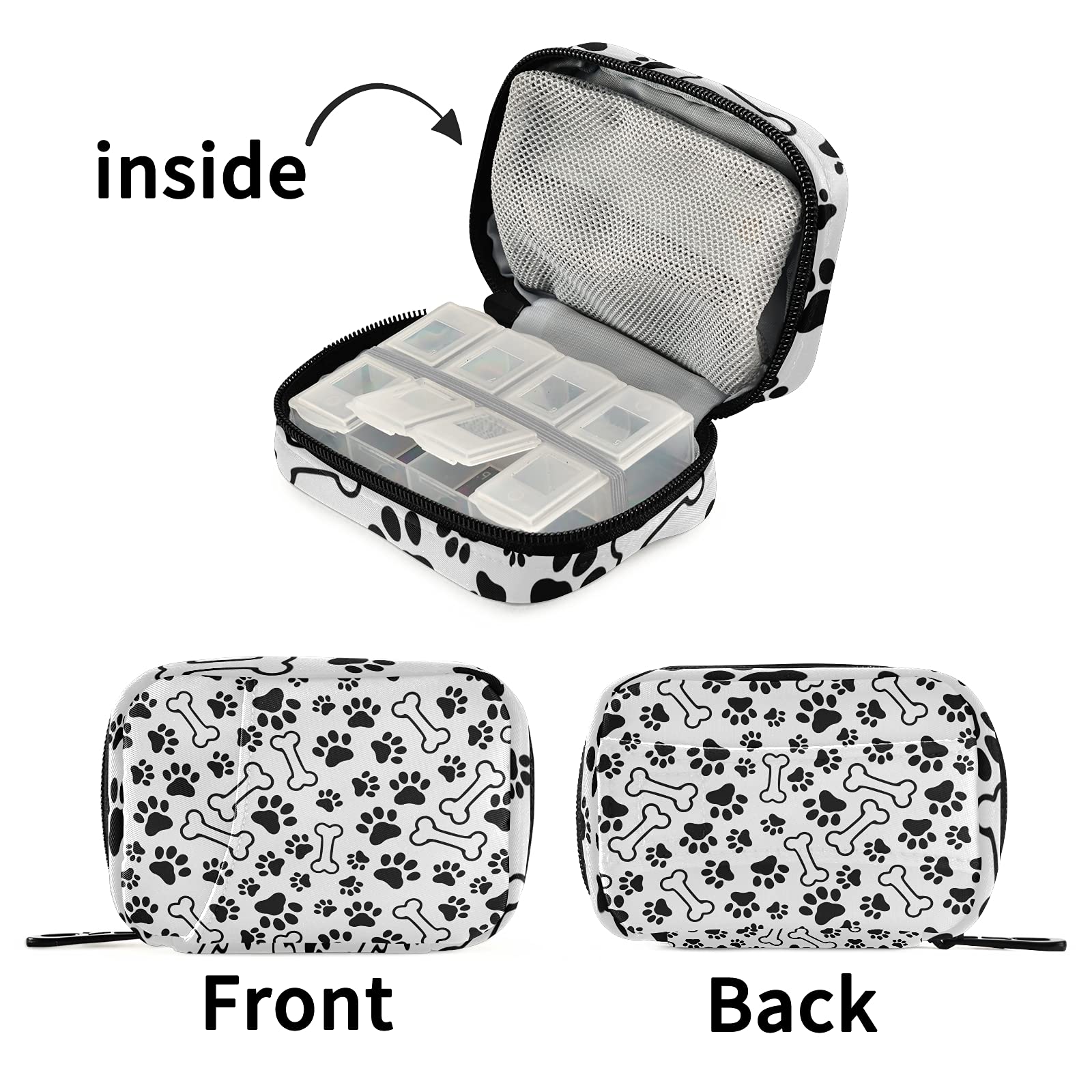 Black Pet Paws Print & Bones Pattern White Pill Organizer Case - Removable Plastic Compartments, Zippered Medicine Storage Bag - Perfect for Travel, Daily Medication & Pet First Aid Supplies