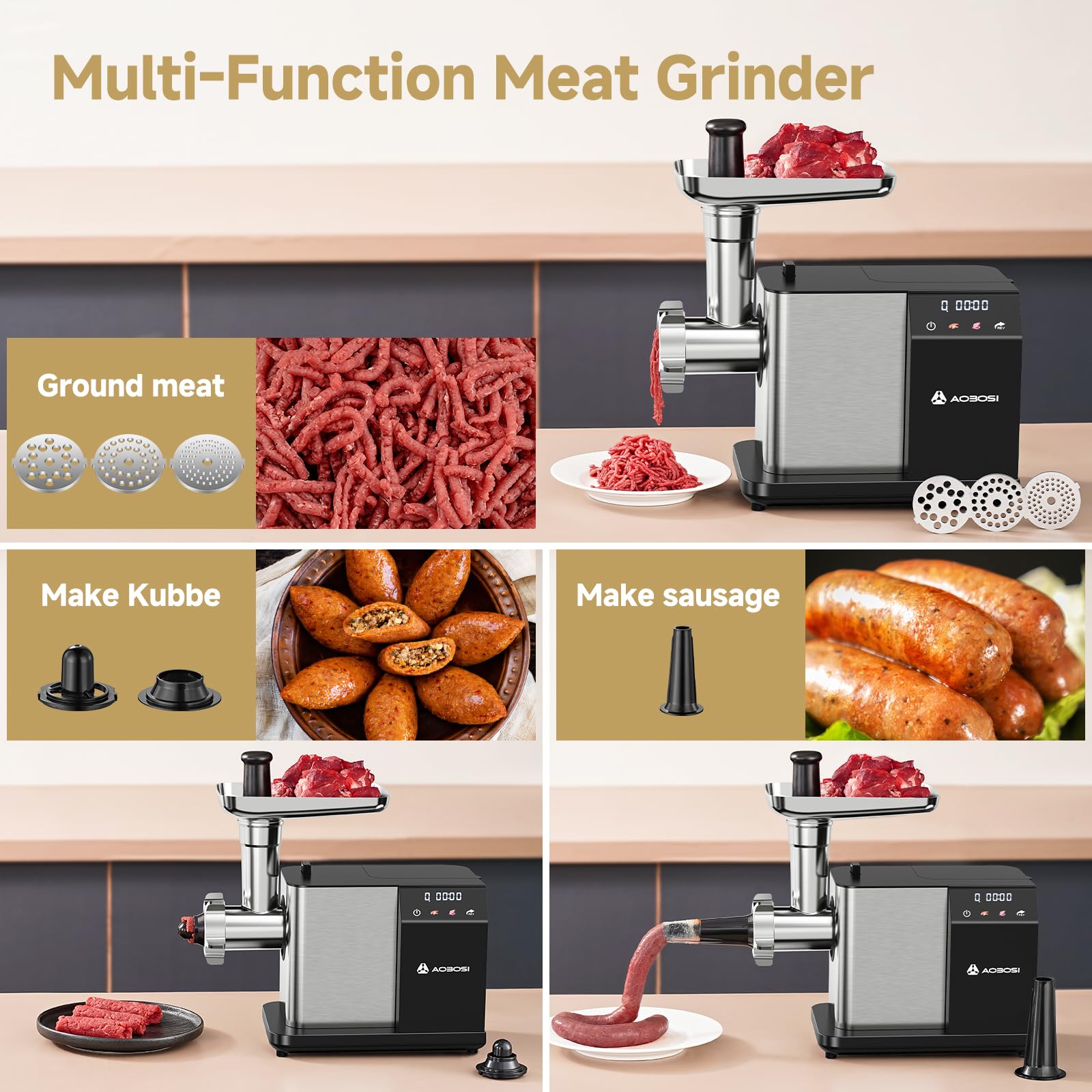 AAOBOSI 3000W Electric Meat Grinder with Touchscreen Display - 3 Speed Settings, Non-Clogging Technology, Built-in Storage - Perfect for Grinding Meat, Making Sausages & Kibbe at Home (3rd Gen) | Ideal for Home Kitchens, BBQ Parties & Meal Prep