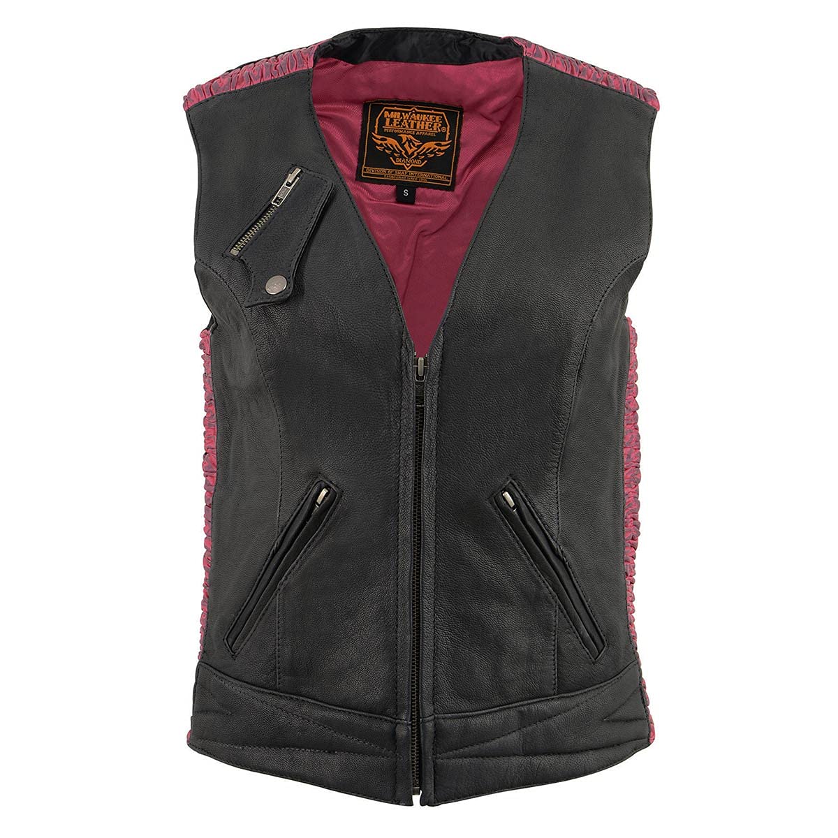 Milwaukee Leather MLL4571 Women's Black & Pink Lightweight Motorcycle Vest - Crinkled Leather Design, Size 4XL - Breathable Harley Davidson Jacket for Female Riders - Summer Commuting, Biker Events, Casual Fashion, Road Trips - Perfect for Everyday Wear & Motorcycle Enthusiasts