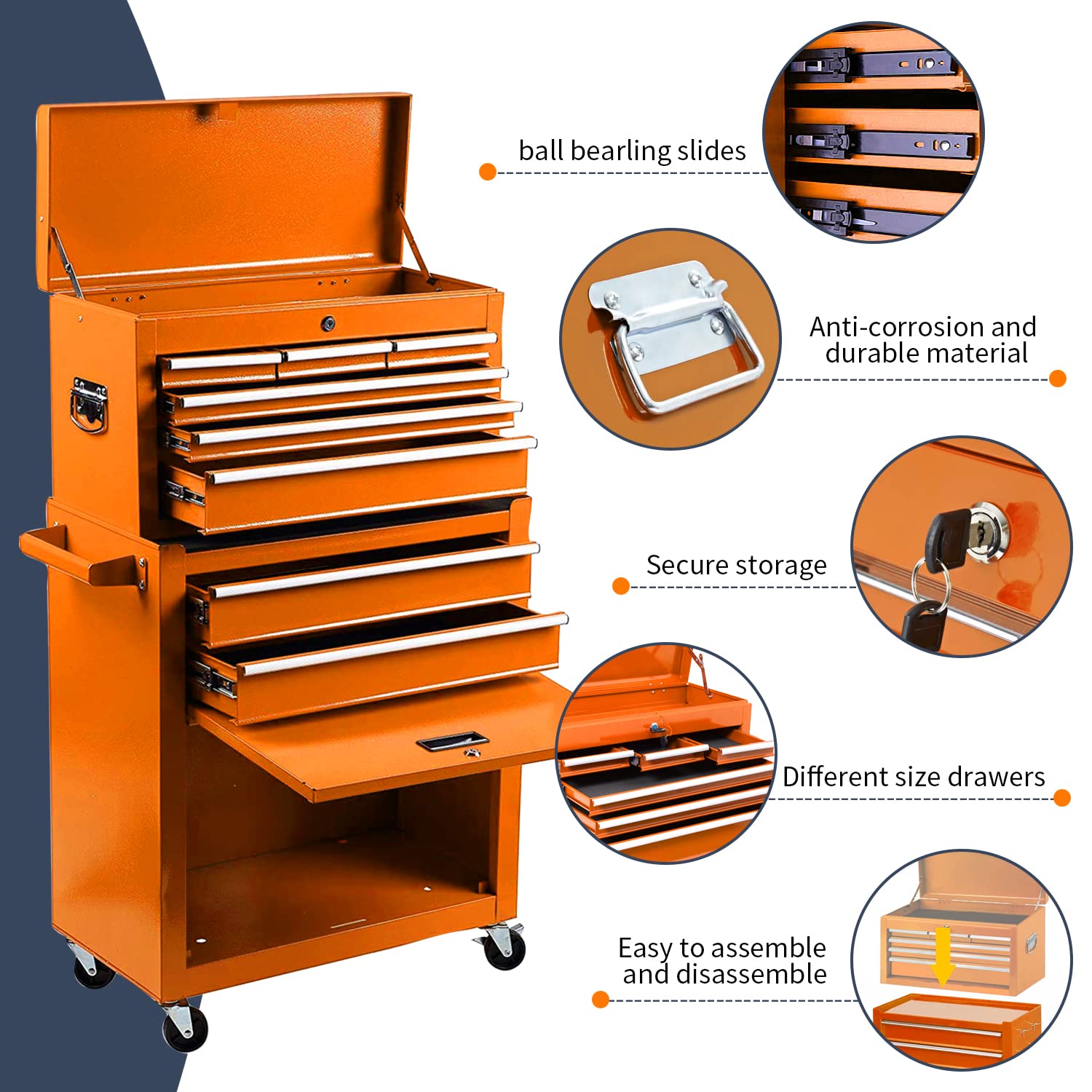8-Drawer High Capacity Rolling Tool Chest with Lock - Heavy Duty Tool Storage Cabinet on 4 Wheels, Sliding Drawers & Removable Portable Tool Box for Garage, Workshop & Warehouse (Orange) - Perfect for Mechanics, DIY Projects & Professional Tool Organization