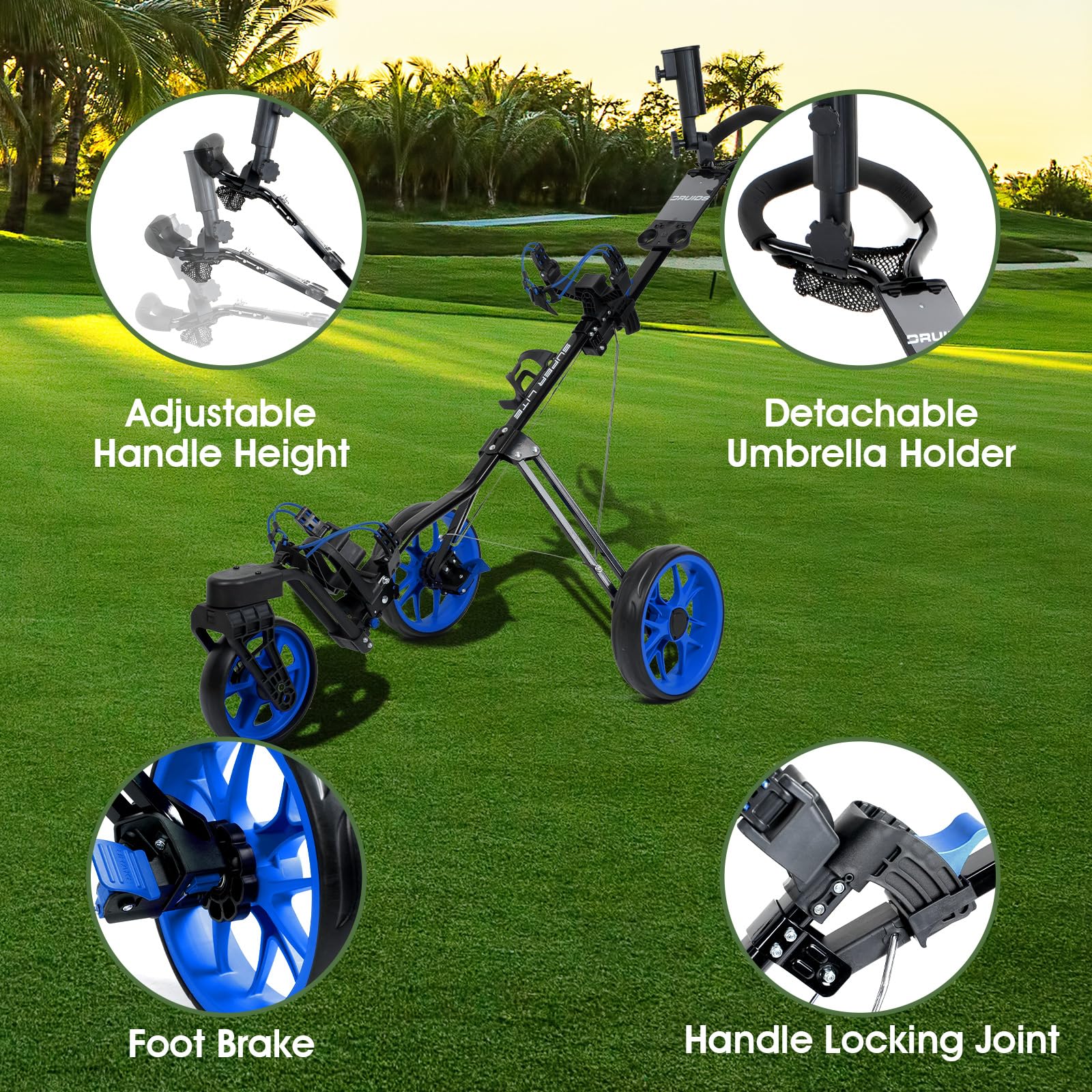 DRUIDS Golf 360 Push Cart - Lightweight 3-Wheel Golf Push Cart with Swivel Wheels, Umbrella Holder & Brake System | Foldable & Portable Golf Caddy for Walking Courses | Perfect for Golfers, Seniors & Outdoor Enthusiasts