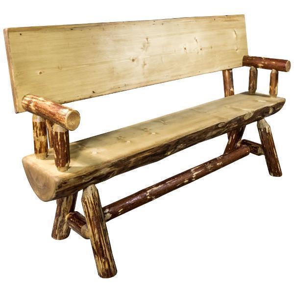 Glacier Country Half Log Bench with Back & Arms - Rustic Outdoor Wooden Seating for Garden, Patio & Backyard Relaxation
