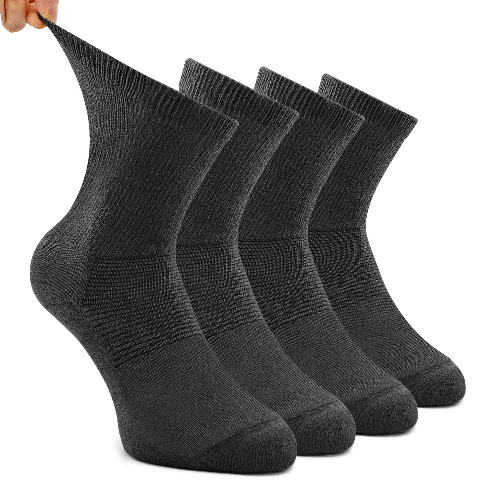 4 Pack Non-Binding Diabetic Socks for Men & Women - Loose Top Crew Cotton Socks with Thick Cushioning | Comfortable for Daily Wear, Work & Diabetic Foot Care