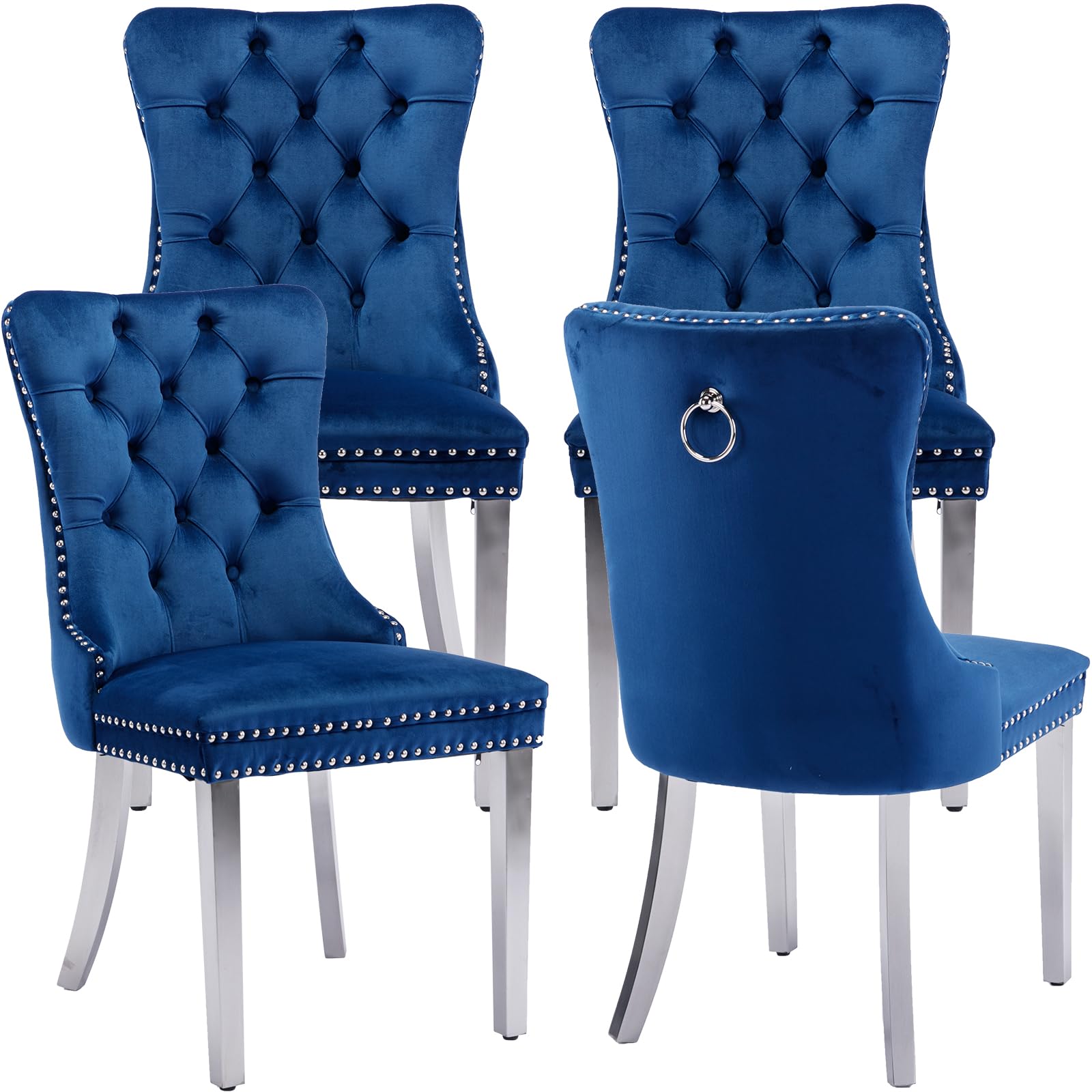Luxury Blue Velvet Dining Chairs Set of 4 - Tufted Upholstered Kitchen & Dining Room Chairs with Chrome Metal Legs - Perfect for Modern Home, Restaurant, and Office Decor (Blue, 4 Pieces)