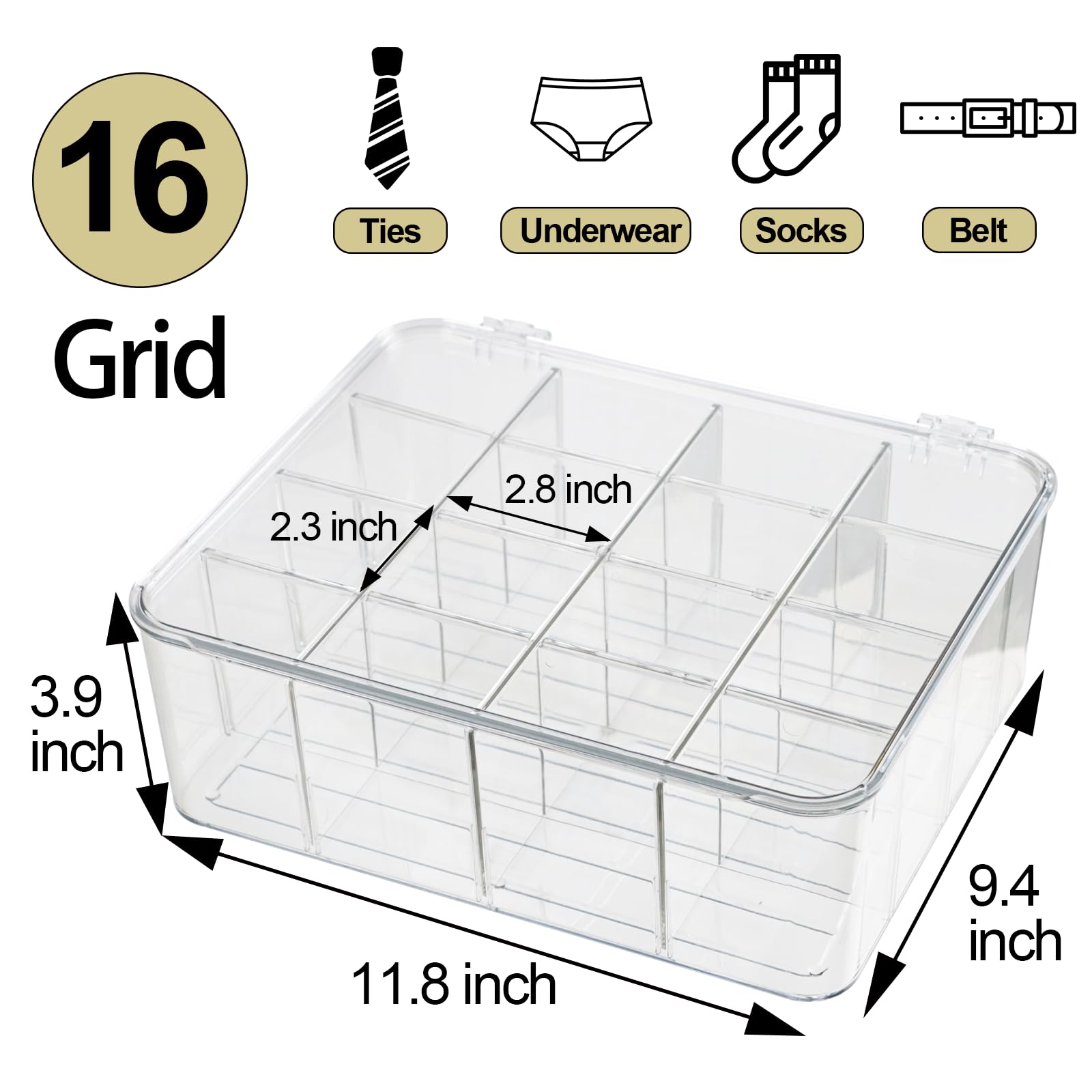 16-Compartment Plastic Drawer Organizer with Lid - Clear Storage Bin for Socks, Underwear, Bras, Scarves & Ties - Removable Dividers for Dresser Drawer Organization - Perfect for Bedroom, Closet & Travel Storage