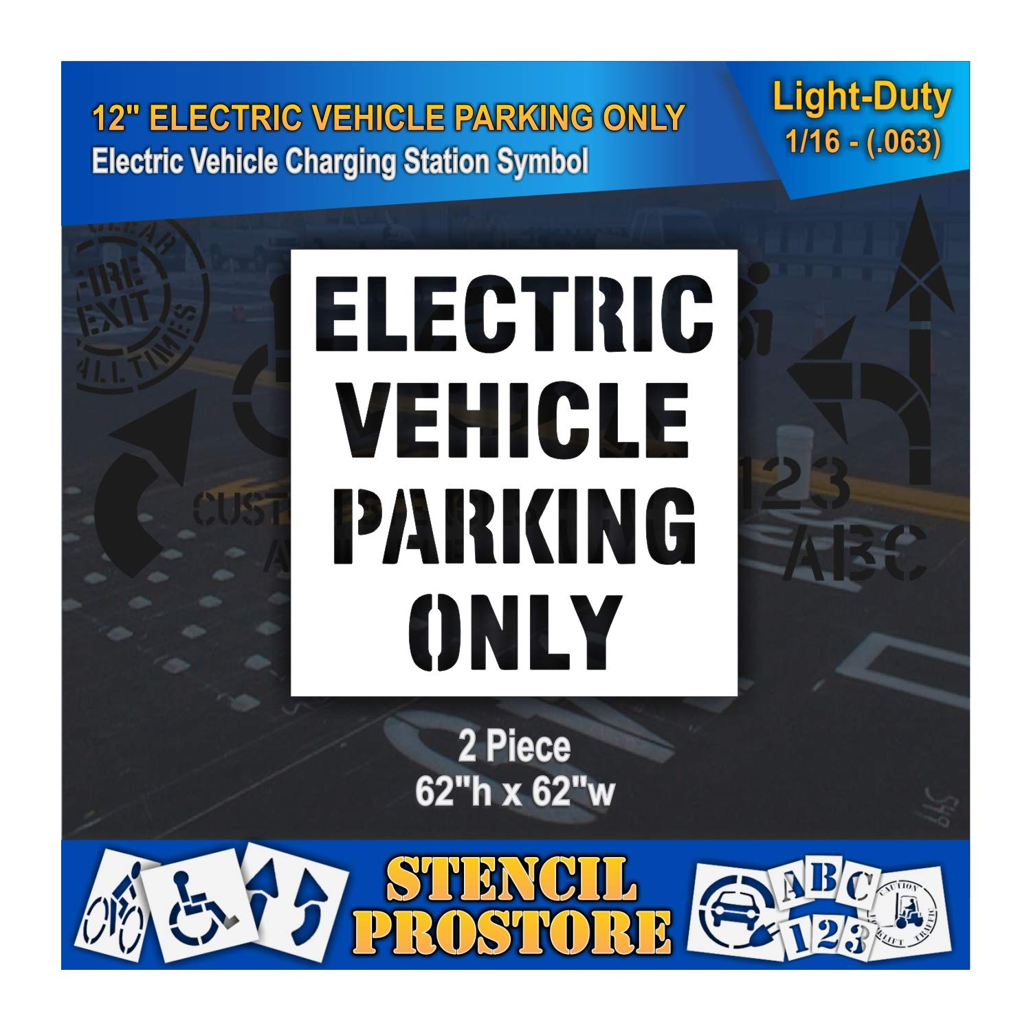 Electric Vehicle Parking Only Stencil - 12 Inch Pavement Stencil - 62'' x 62'' x 1/16