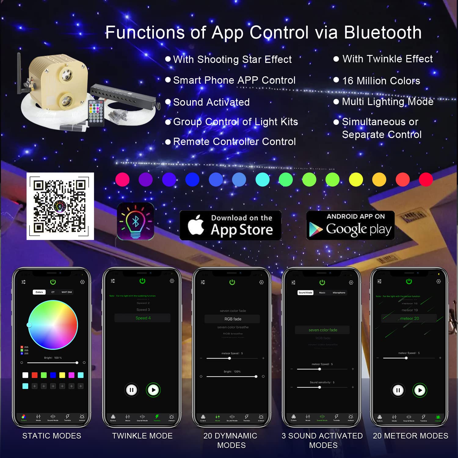 AKEPO 20W RGBW Fiber Optic Star Ceiling Light Kit with Dual Head, Twinkle & Shooting Star Effects, APP & Music Control - 710pcs 4m/13.1ft Mixed Optical Fiber & Meteor Lights (Remote Included) - Perfect for Bedroom, Home Theater, and Party Decorations
