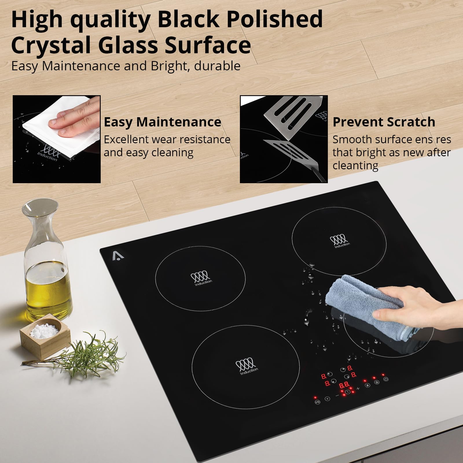 GARVEE 4 Burner Electric Cooktop 7400W Built-In Ceramic Glass Stovetop with Safety Lock & Timer - 240V Black - Perfect for Modern Kitchens, Cooking Classes & Family Meals