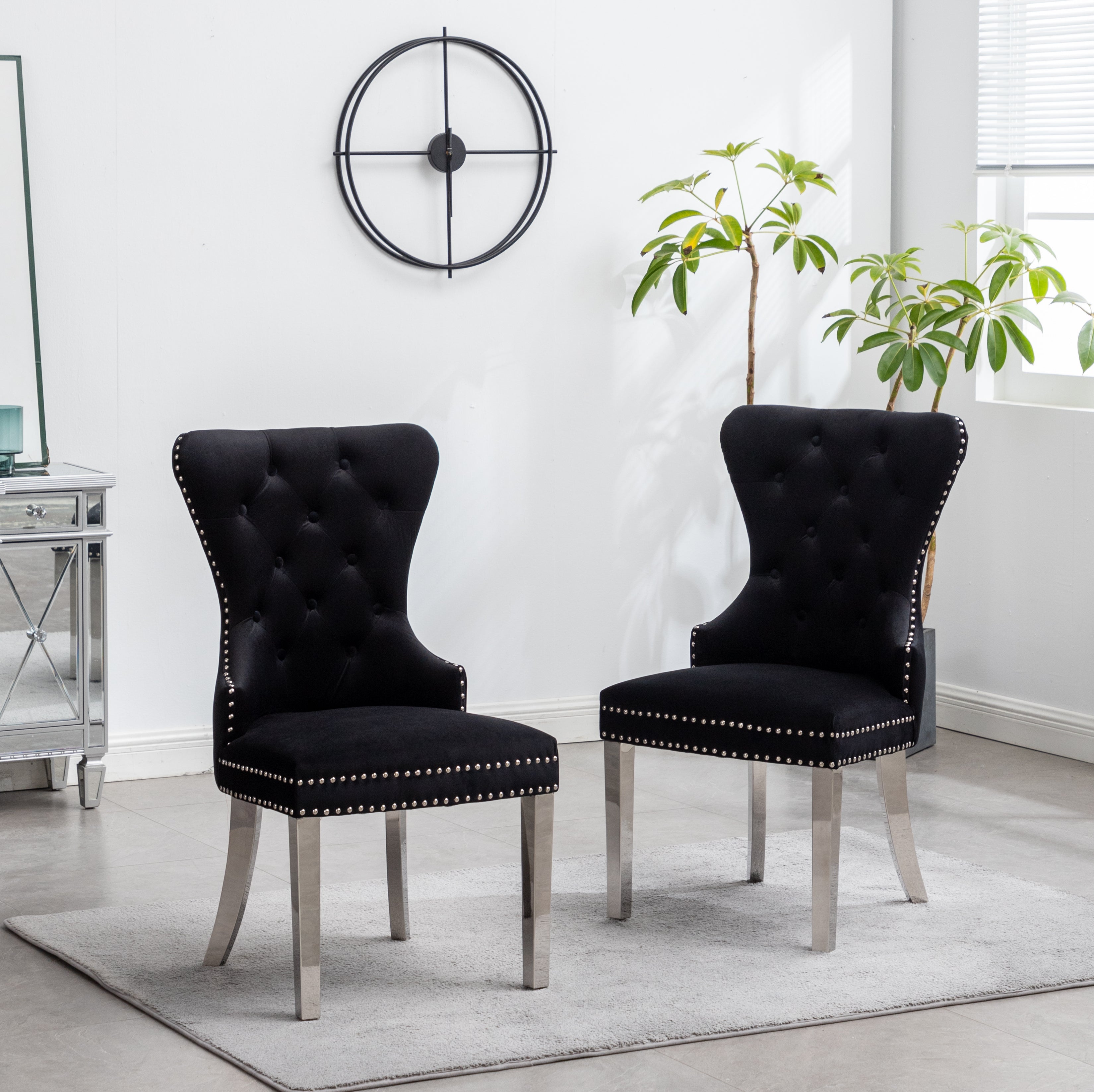 Roundhill Furniture Montura Contemporary Tufted Velvet Accent Chairs with Nailhead Trim - Set of 2, Black - Perfect for Living Room, Bedroom, or Office Decor