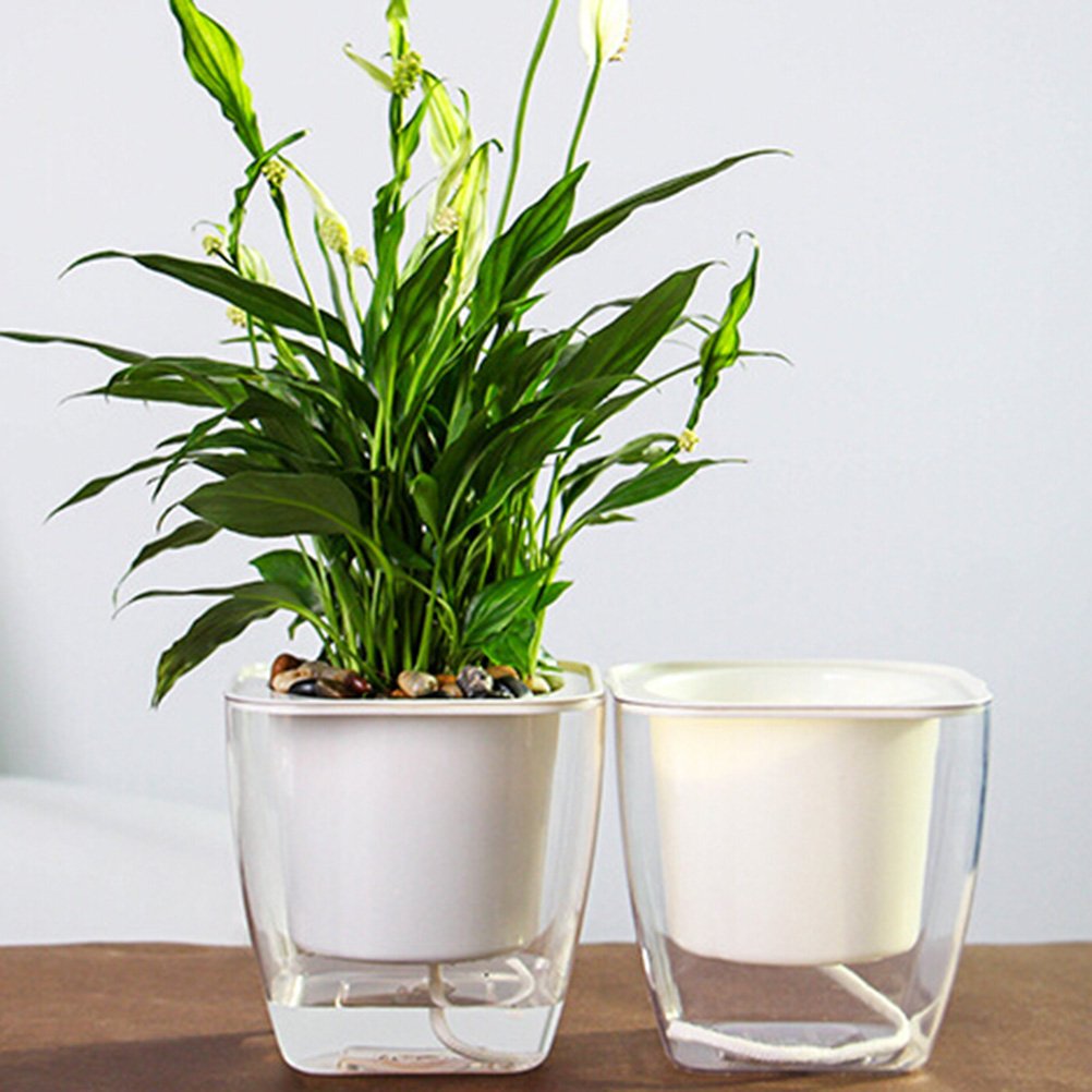 Stylish Hemoton Double Deck Planter - Transparent Indoor Garden Planter with Self-Watering System, Square Flower Pots for Home Decor (G103) - Perfect for Windowsills, Balconies & Office Spaces