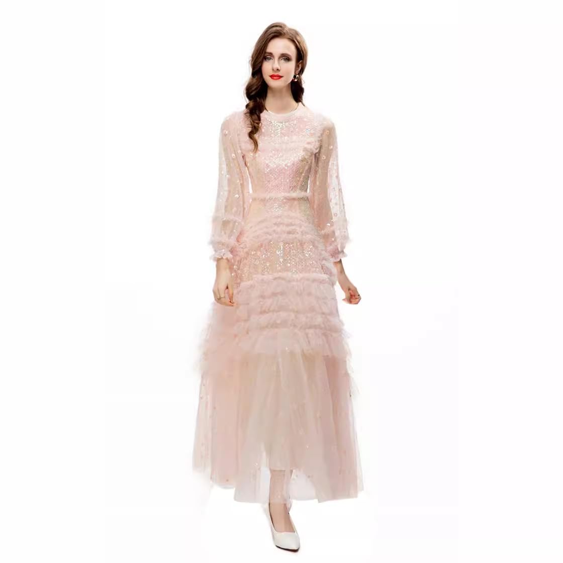 Elegant Women's Slim Sheath Formal Evening Gowns - Petite & Regular Sizes - Red/Pink Sequin Retro Mesh Long Dresses for Prom, Gala & Black Tie Events