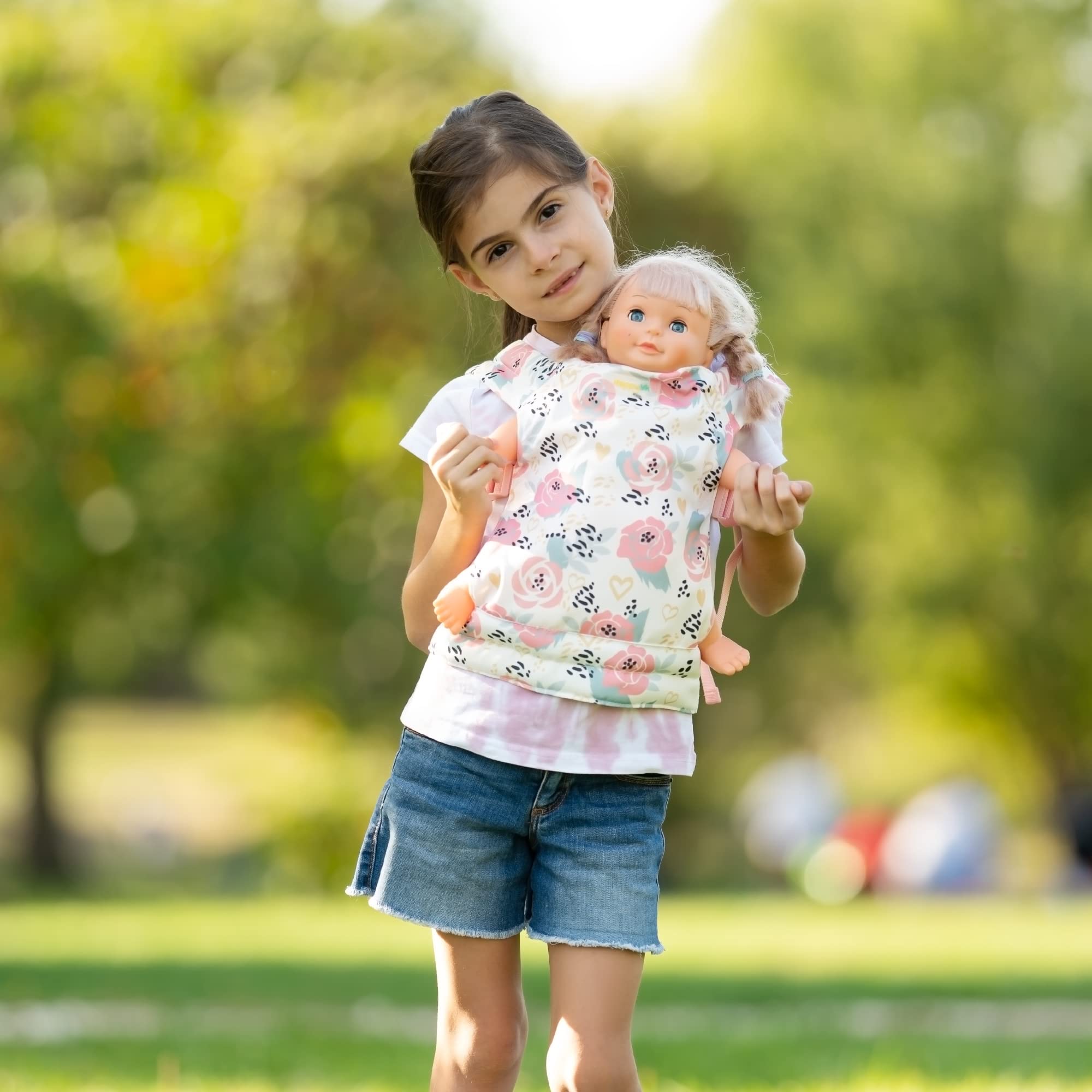 Pink Roses Baby Doll Carrier for Little Girls - Reborn Doll Accessories & Kids Toy for Pretend Play, Role Play, and Parenting Fun