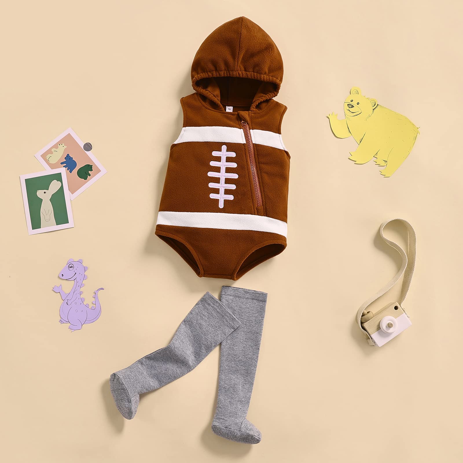 **Baby American Football Rugby Cartoon Romper Set - Hooded Sleeveless Jumpsuit with Zipper & Stockings for Boys & Girls | Game Day Outfit, Sports Theme Party, Casual Playwear**