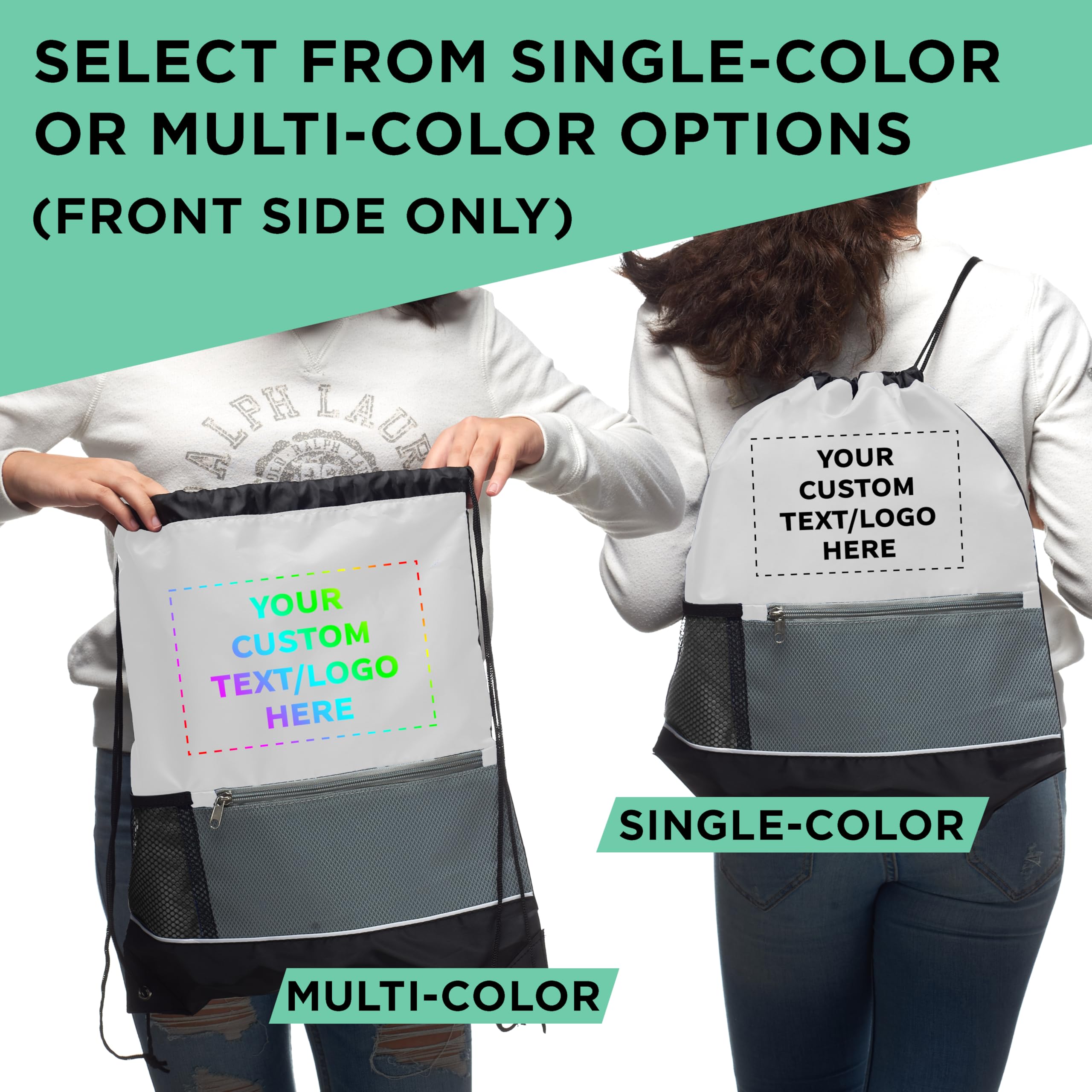 Custom Front Pocket Drawstring Backpacks - Bulk Set of 50 Personalized Reusable Bags | Lightweight Sports Backpack for Gym, Travel & Promotional Events | White Drawstring Bags for Schools, Events & Giveaways
