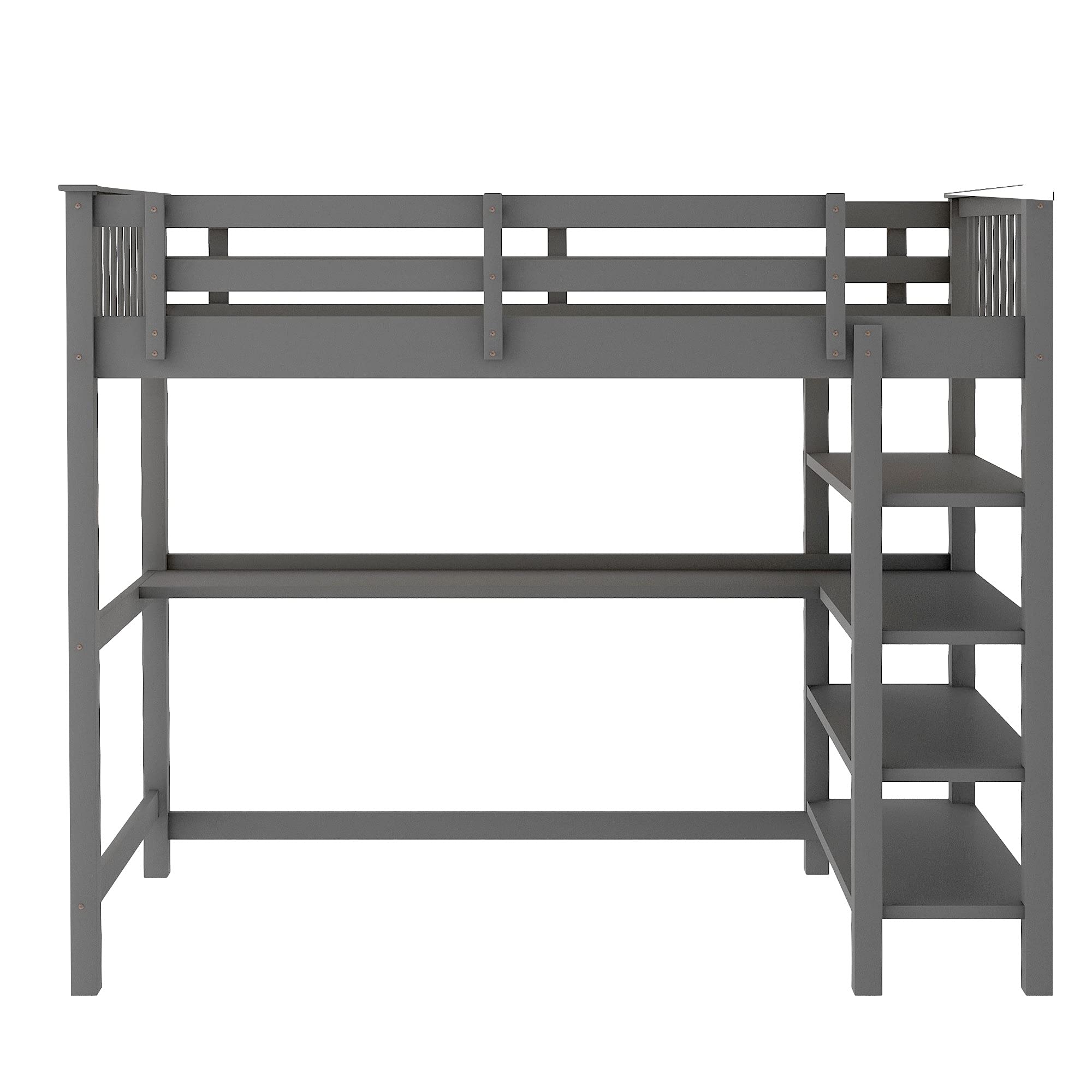 **Wooden Loft Bed with Storage Shelves & Under-Bed Desk - Full-Length Guardrail & Built-in Ladder - Space-Saving Bed for Kids, Teens & Adults (Gray) - Perfect for Small Rooms, Dorms & Apartments**