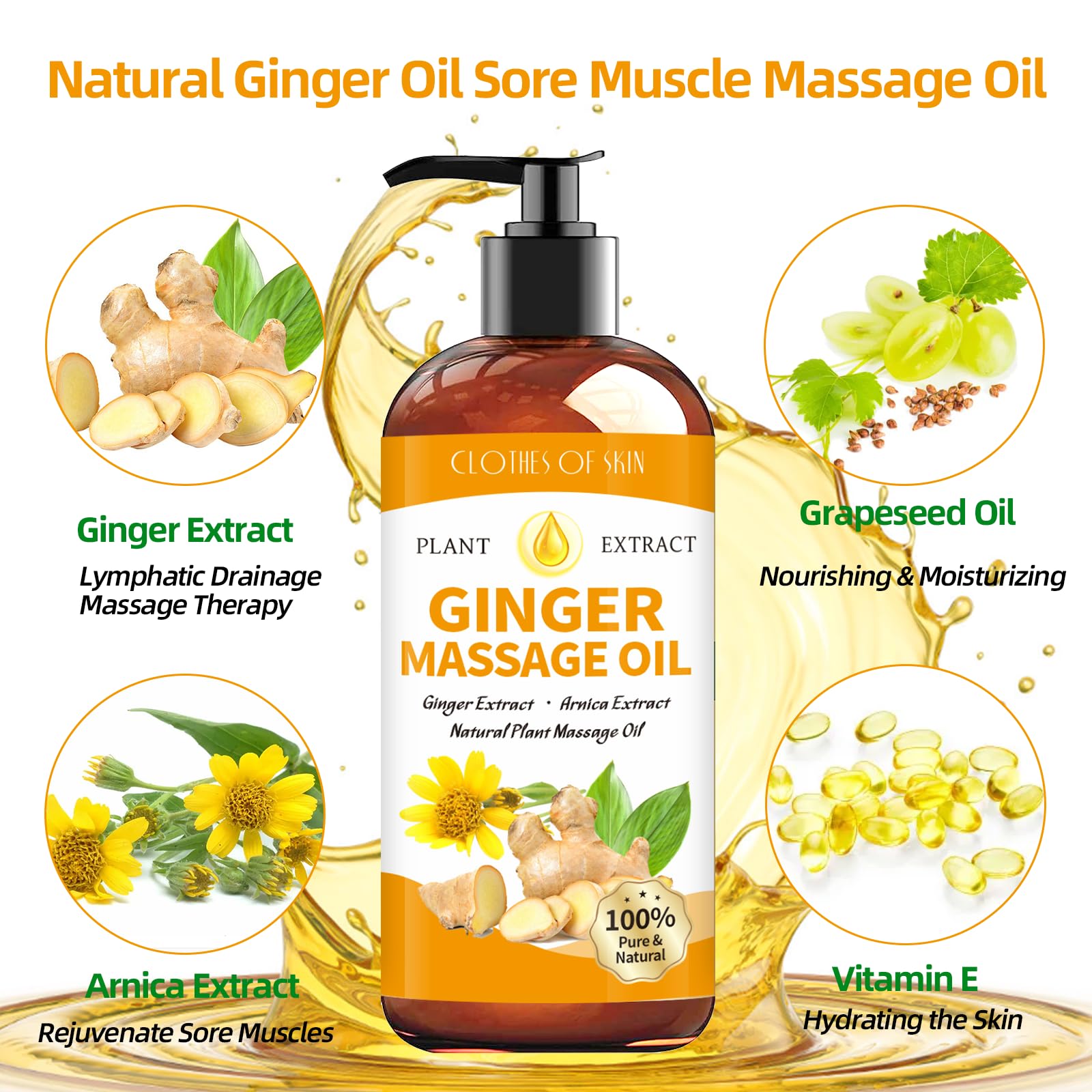 Ginger Massage Oil for Therapy & Lymphatic Drainage - Natural Warming Body Oil with Arnica for Gua Sha, Sore Muscle Relief & Relaxation | Perfect for Post-Workout Recovery, Spa Treatments & Holistic Pain Management