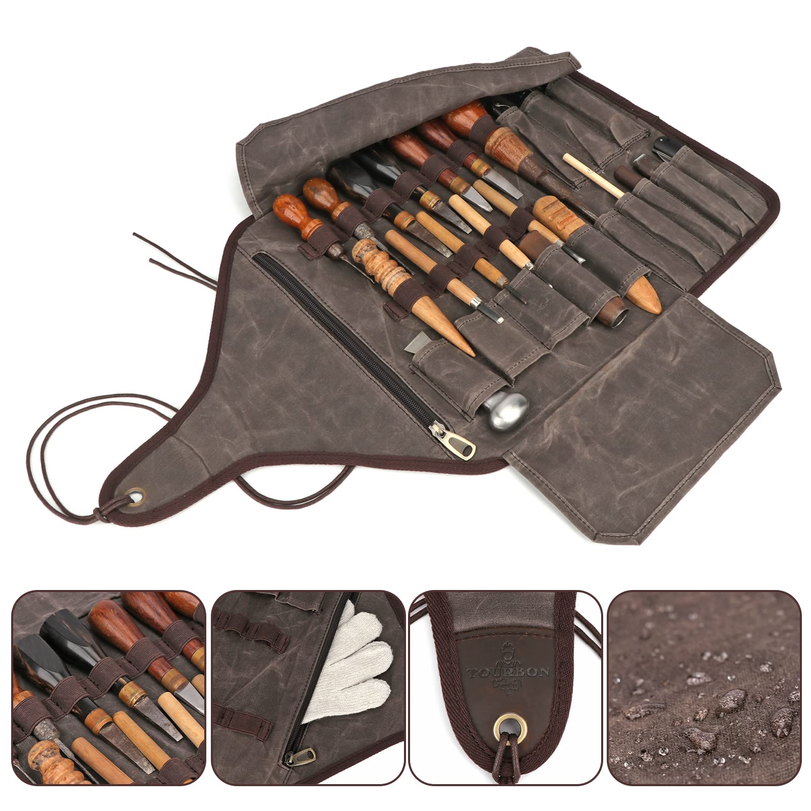 TOURBON Waxed Canvas Tool Roll Up Bag - 25-Pocket Wood Carving Chisel Organizer & Multi-Purpose Tool Pouch with Zipped Compartments - Perfect for Woodworking, DIY Projects & Outdoor Tool Storage