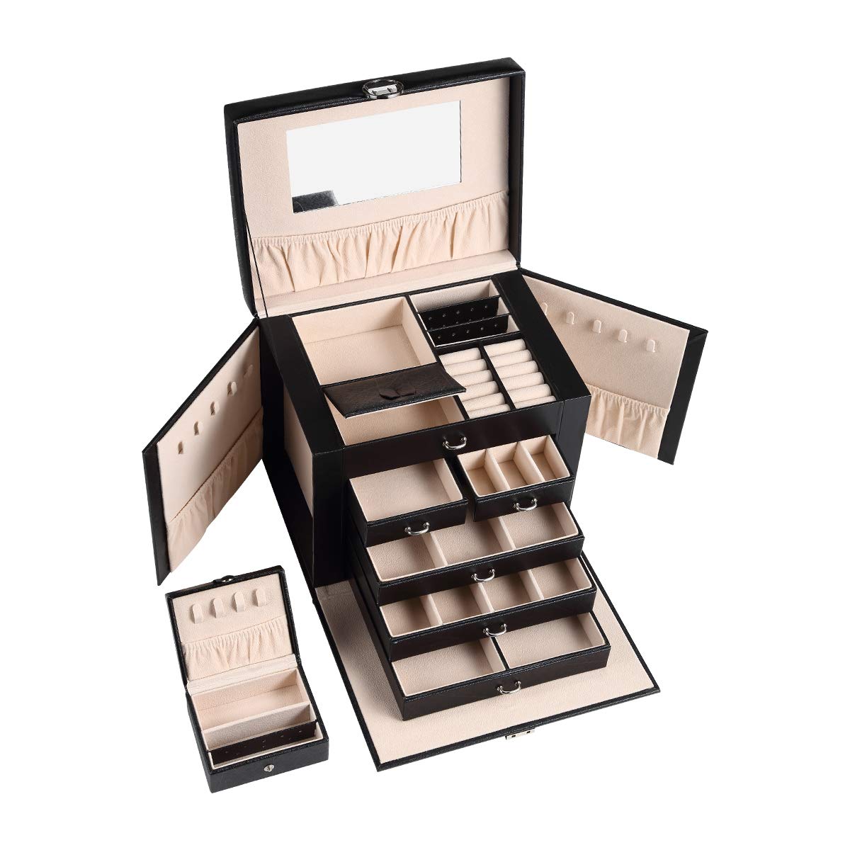 5-Layer Leather Jewelry Box Organizer with Mirror & Lock - Large Capacity Portable Storage Case for Necklaces, Rings & Earrings - Perfect for Travel, Home Display & Gift Giving