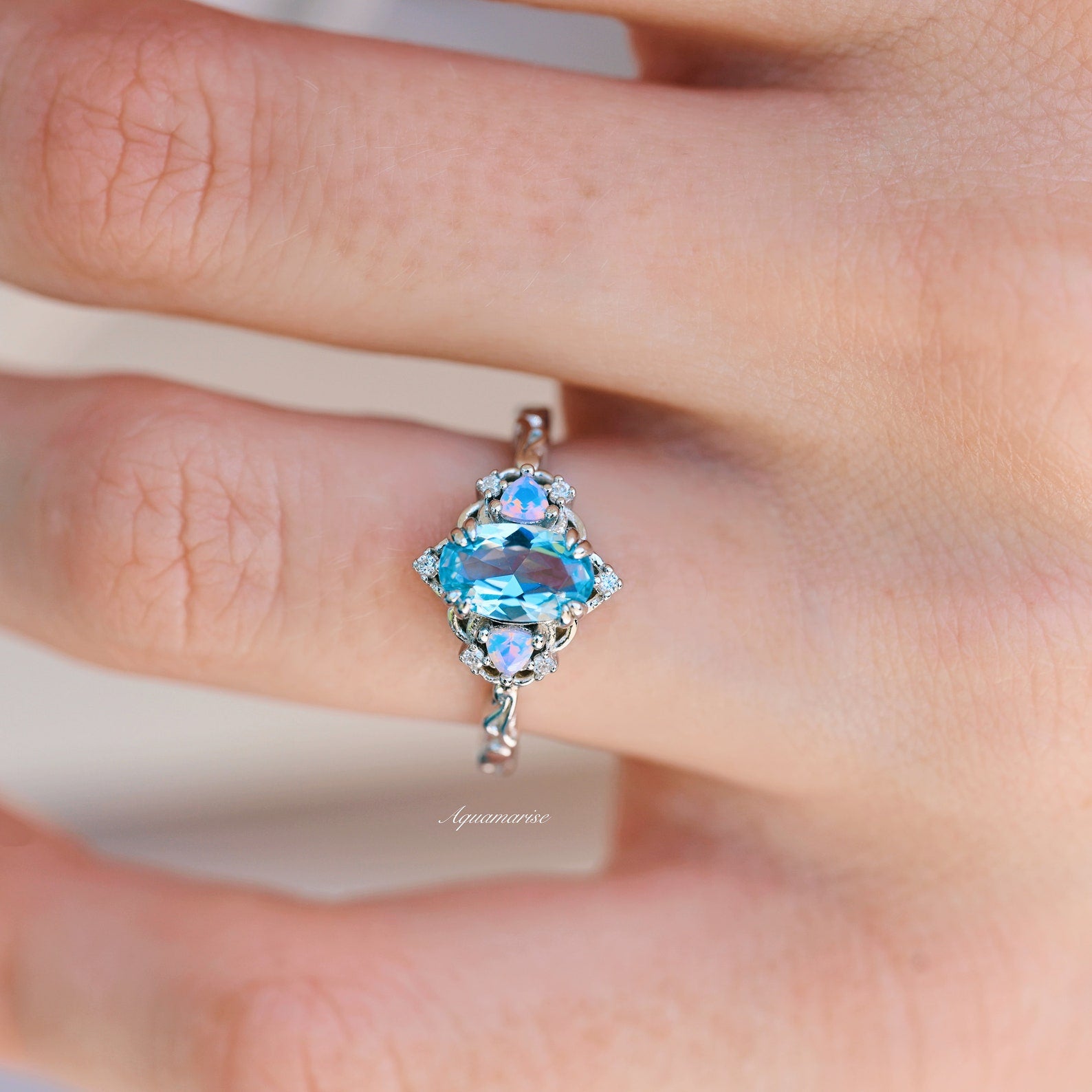 14K White Gold Esme Aquamarine & Opalescent Sapphire Ring – Elegant Jewelry for Women, Perfect for Weddings, Anniversaries & Special Occasions