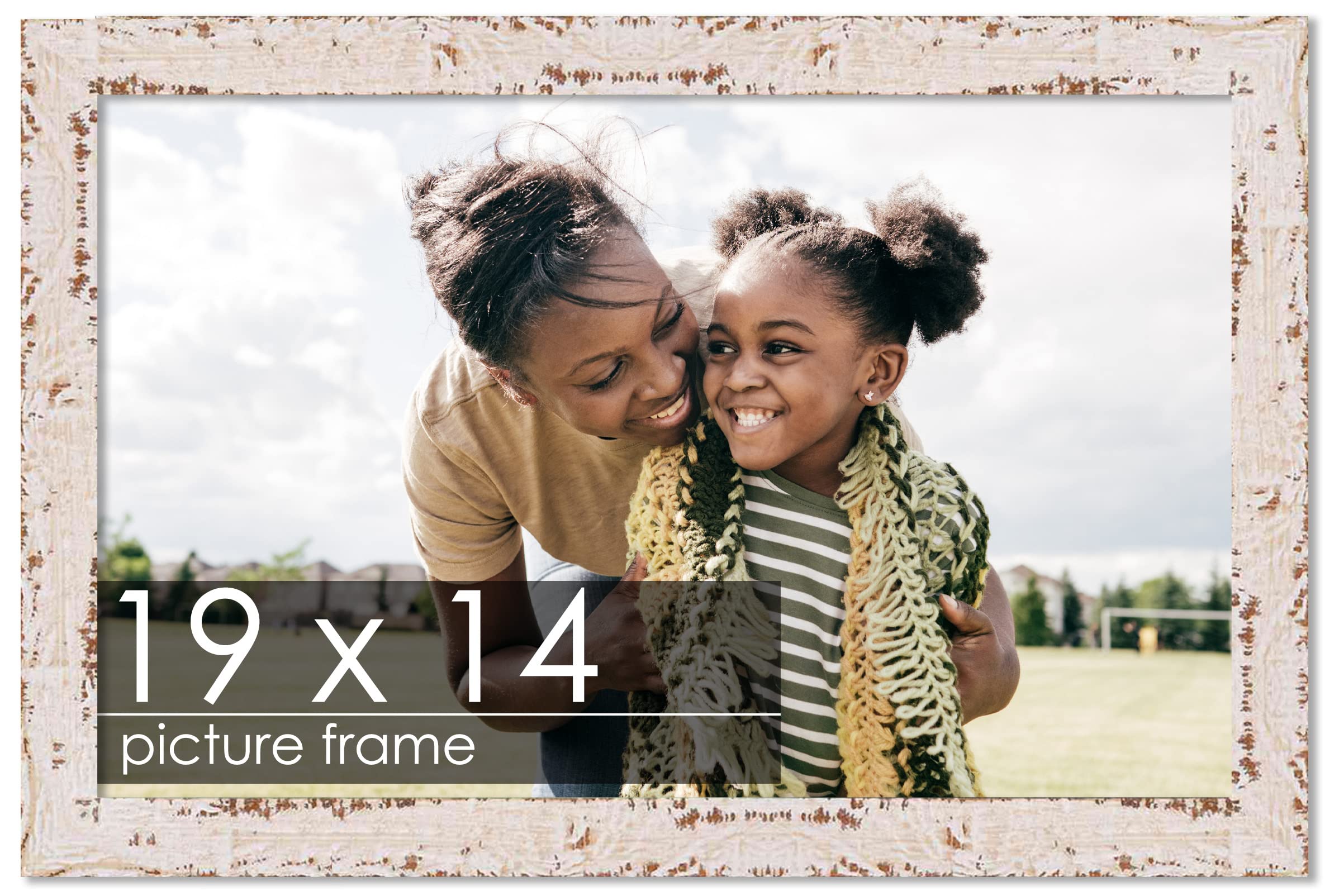 19x14 Shabby Chic Farmhouse White Wood Picture Frame - UV Acrylic, Foam Board Backing & Hanging Hardware - 14x19 Wall Decor for Living Room, Bedroom & Office