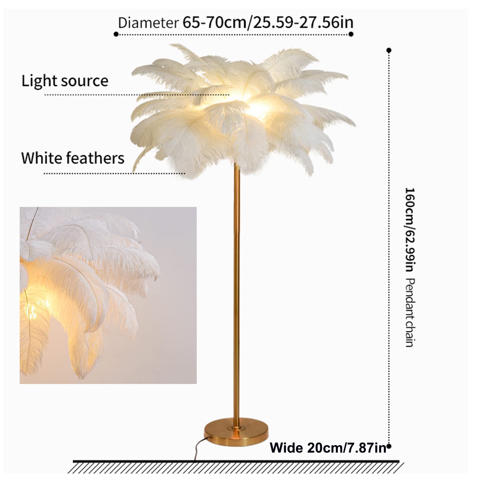 62.99? Natural Ostrich Feather Floor Lamp - Modern Standing Lamp with Golden Base & Dimmable G4-LED Bulb, Foot Switch for Bedroom & Living Room Decor | Perfect for Cozy Reading Nooks & Elegant Home Lighting (White)