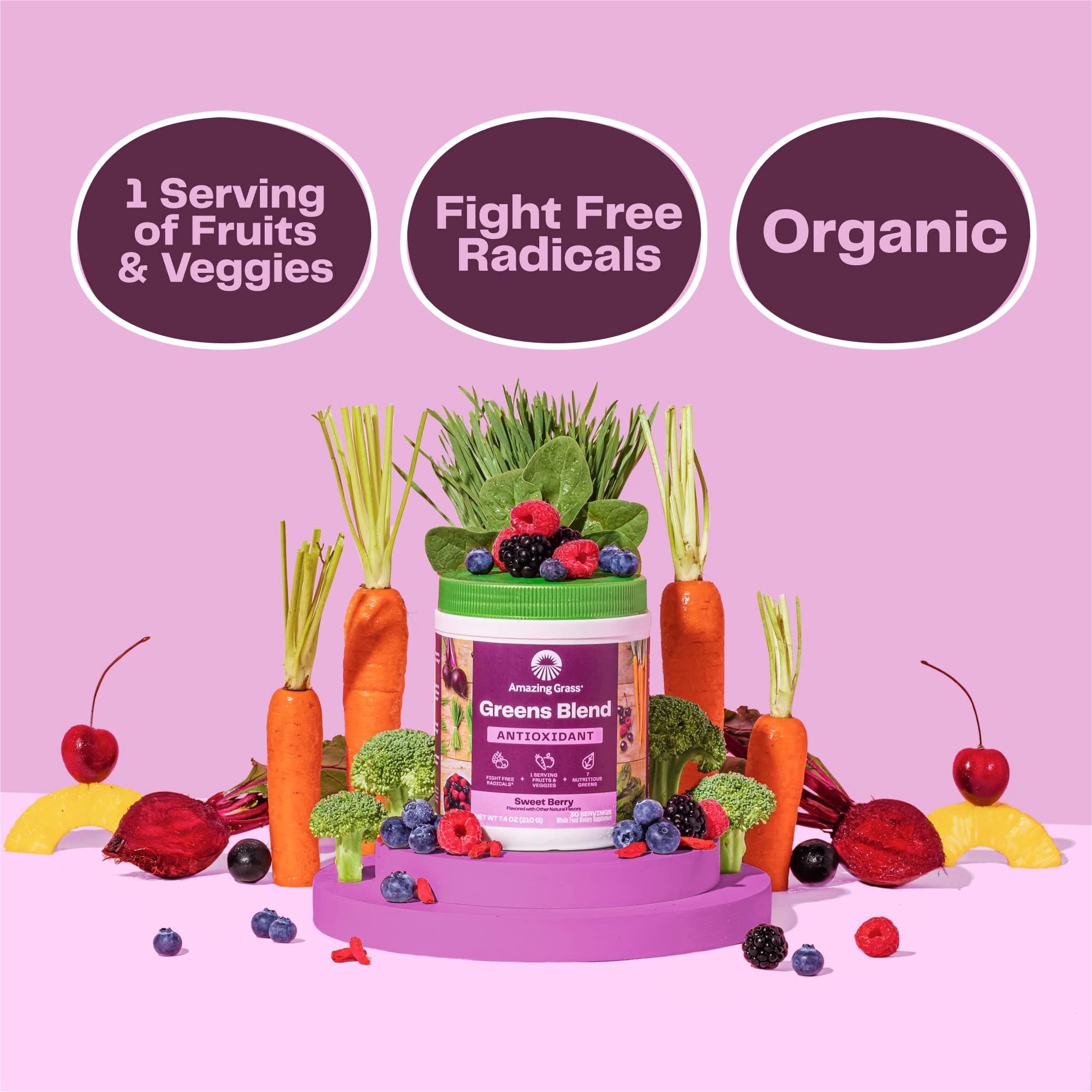 Organic Greens Superfood Powder with Spirulina, Beet Root, Elderberry & Probiotics - Antioxidant Rich, Sweet Berry Flavor, 100 Servings | Boost Energy & Immunity for Active Lifestyles