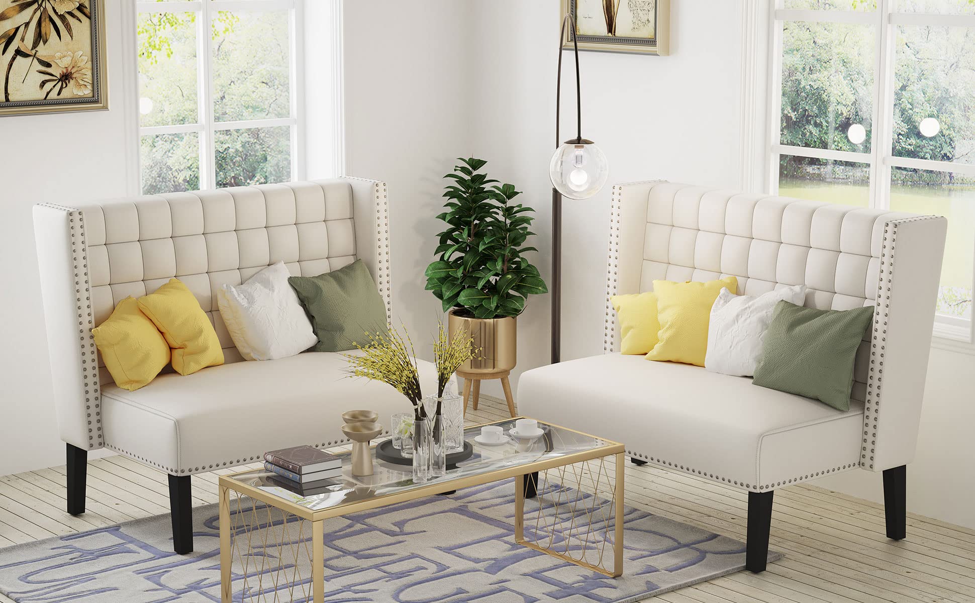 Andeworld Modern Upholstered Loveseat Settee Bench with Back - White Sofa Couch for Dining Room, Living Room, Hallway or Entryway | Comfortable Banquette Seating for Small Spaces, Apartments & Home Decor