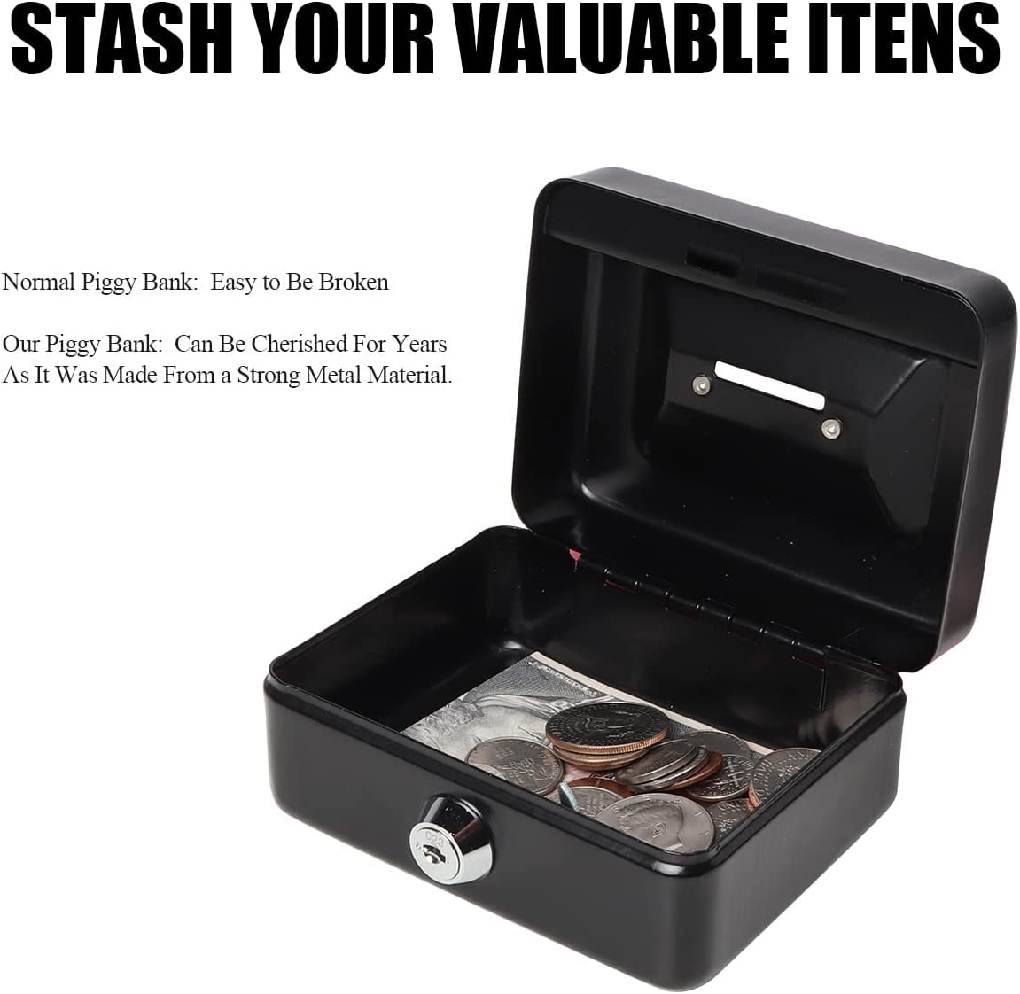 Black Portable Metal Lock Box with Key - Small Safe for Kids, Money Storage Box, Home & Office Security - Ideal for Cash, Jewelry, and Valuables Protection