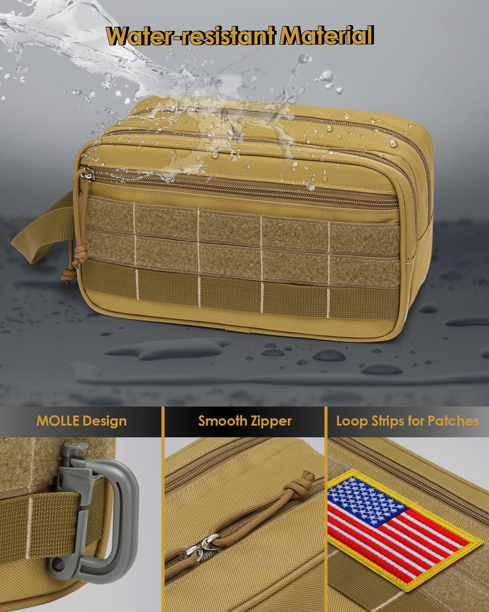 TACTICISM Men's Travel Toiletry Bag - Large Capacity Water-Resistant Shaving Kit with Wet/Dry Separate Compartments & MOLLE System - Perfect for Camping, Gym, Business Trips & Outdoor Adventures (Brown)