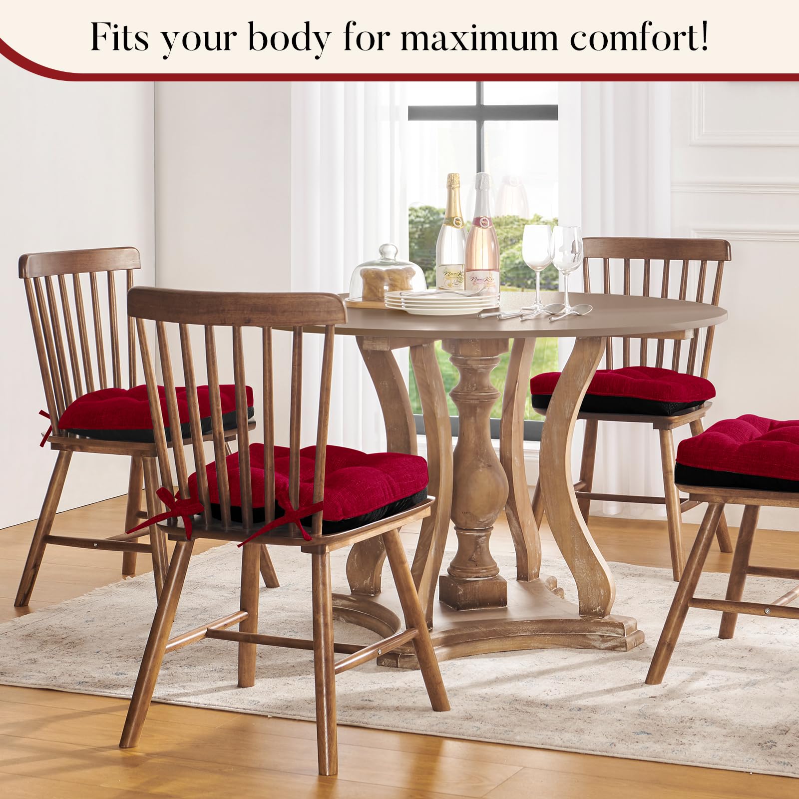 Premium Memory Foam Dining Chair Cushions 4-Pack - Non-Slip Backing & Secure Ties - 15.5