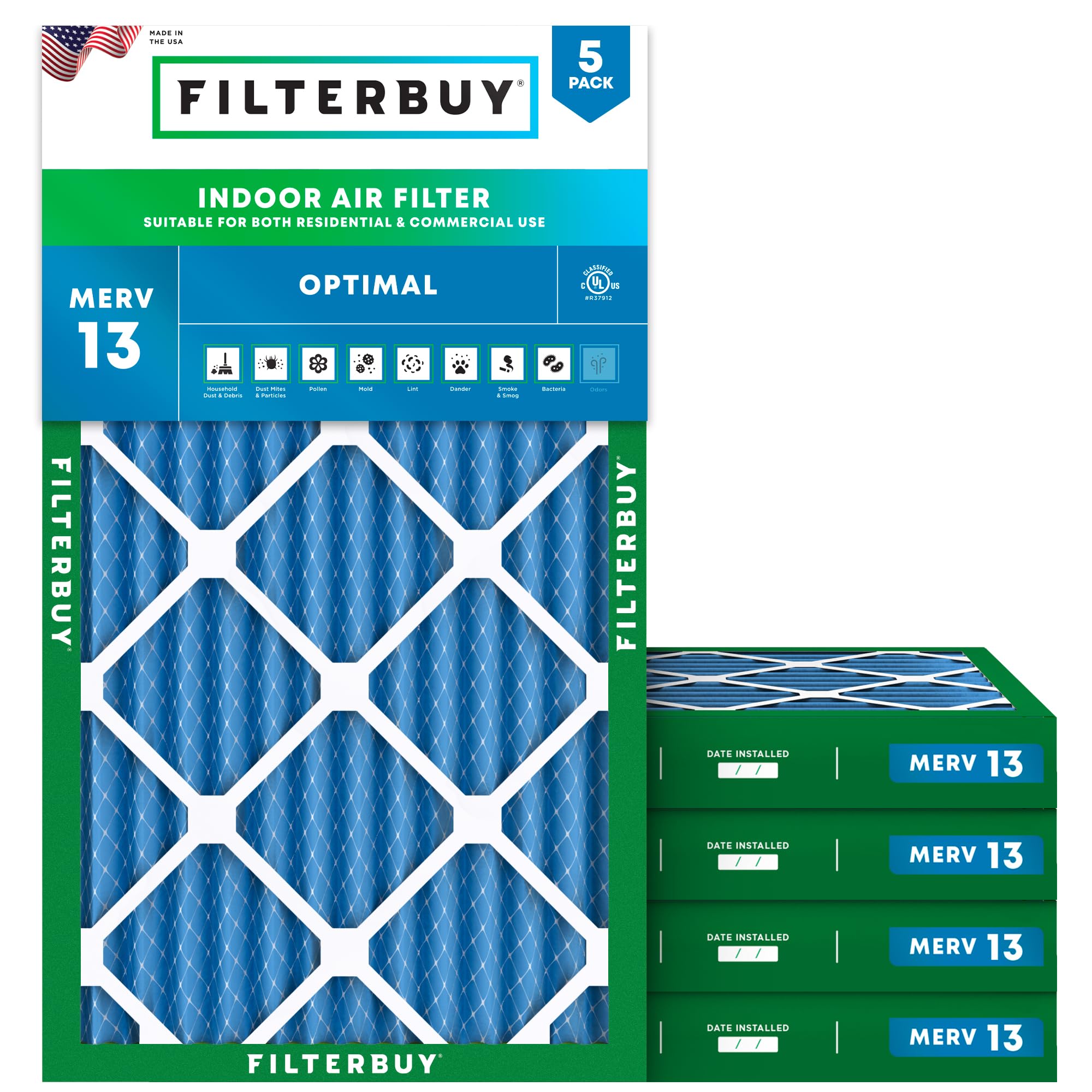 Filterbuy 14x25x2 MERV 13 Pleated Air Filter 5-Pack - High Efficiency HVAC Furnace AC Replacement Filters (Actual Size 13.5x24.5x1.75 Inches) for Home, Office & Commercial Use