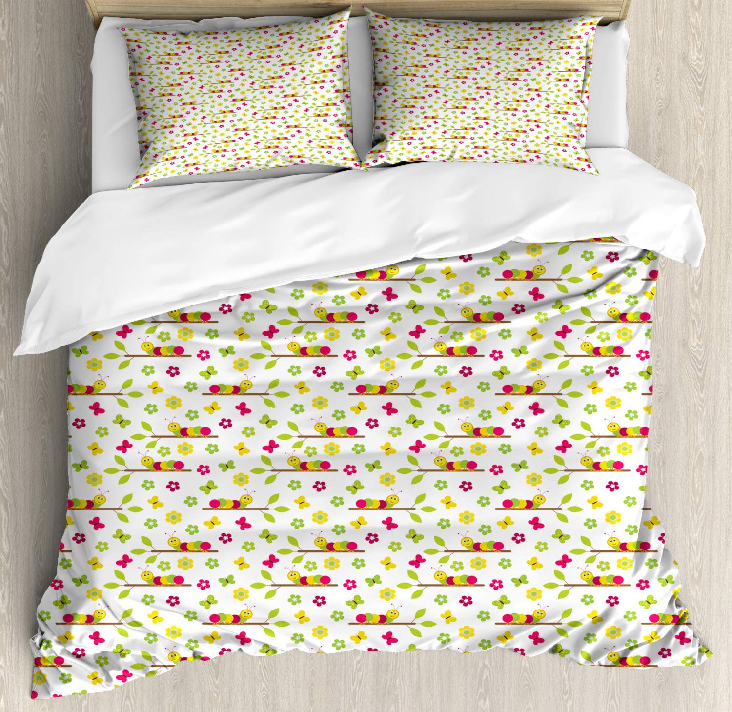 Ambesonne Colorful Caterpillar Duvet Cover Set - 2 Pack King Size Bedding with 4 Pillowcases, Cheerful Tree Branch Design - Perfect for Kids' Rooms, Nursery Decor & Whimsical Bedroom Themes