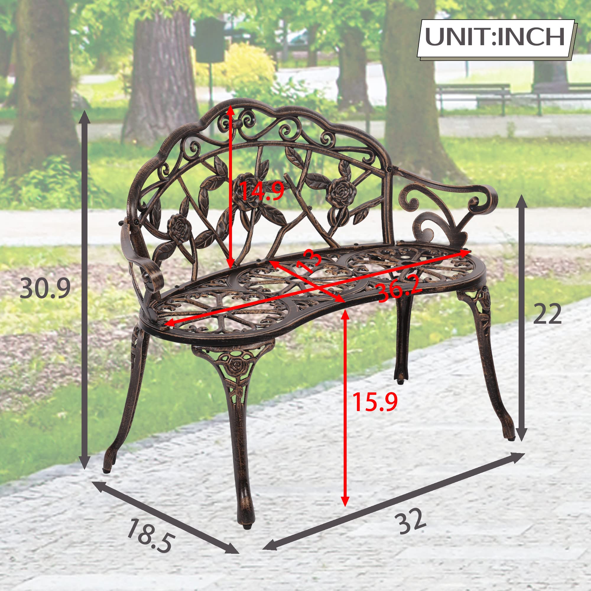 Sturdy Metal Outdoor Bench with Armrests - Elegant Floral Rose Accent Garden Bench for Patio, Porch, Park - Durable Bronze Finish for Indoor/Outdoor Use - Perfect for Relaxing in Gardens, Backyards, and Public Spaces