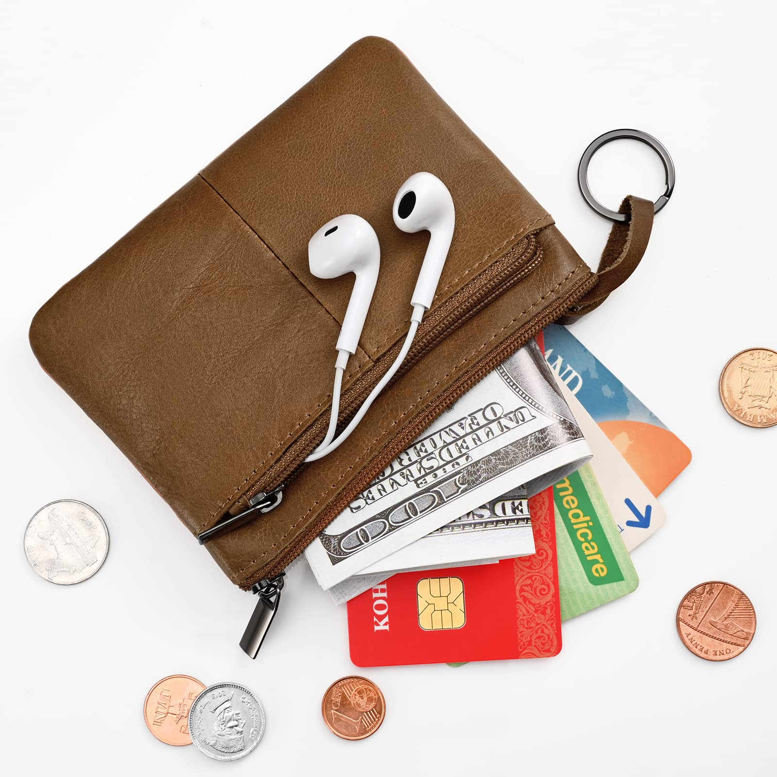 Genuine Brown Leather Wallet for Men & Women - Slim RFID Blocking Card Holder with 3 Zippers, Coin Pocket & Key Organizer - Ideal for Travel, Business, Everyday Carry (EDC) & Minimalist Lifestyle