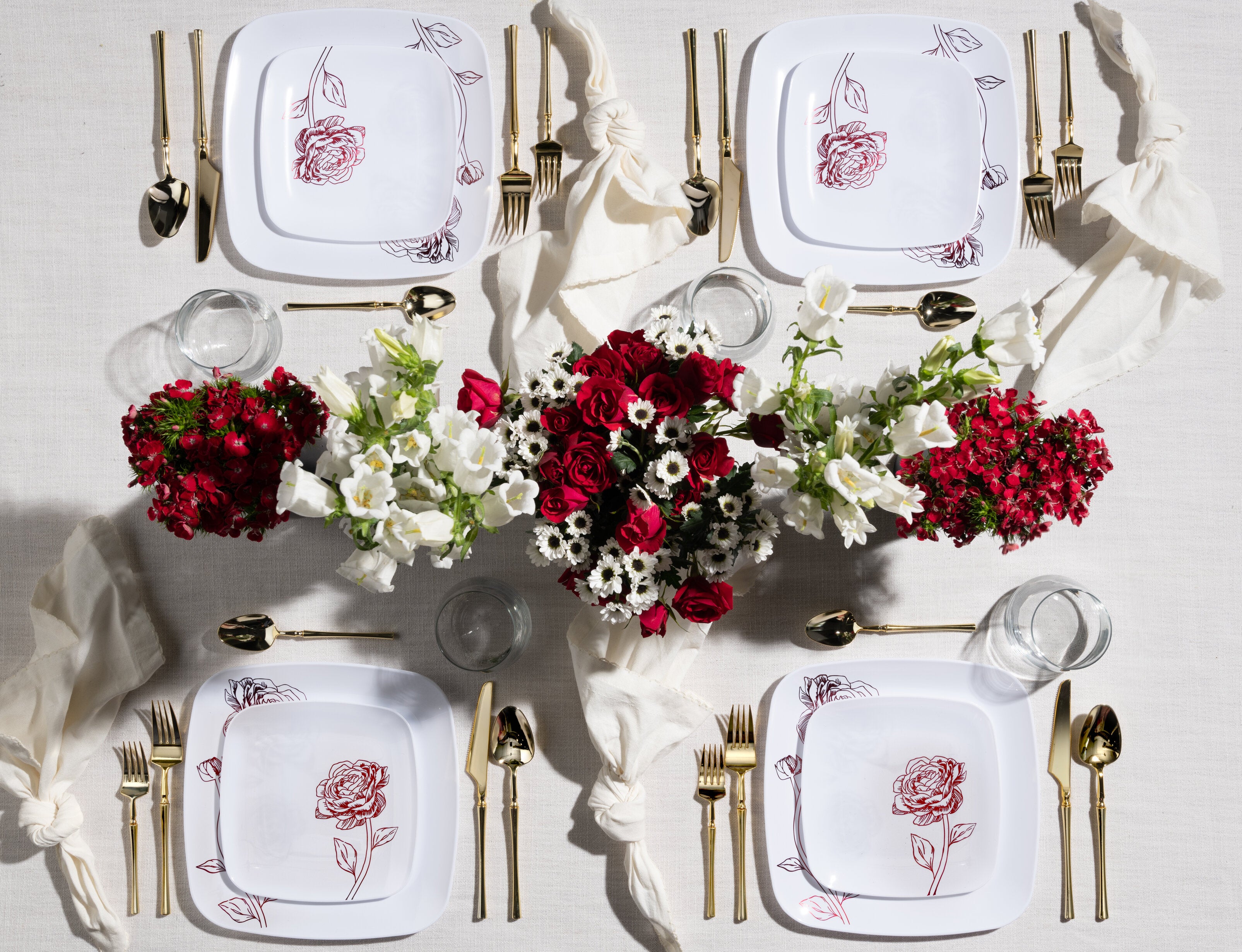 32-Piece White & Burgundy Square Plastic Dinnerware Set - 16 Place Settings - Durable Melamine Plates, Bowls & Cups - Perfect for Outdoor Picnics, BBQs, Parties & Casual Dining