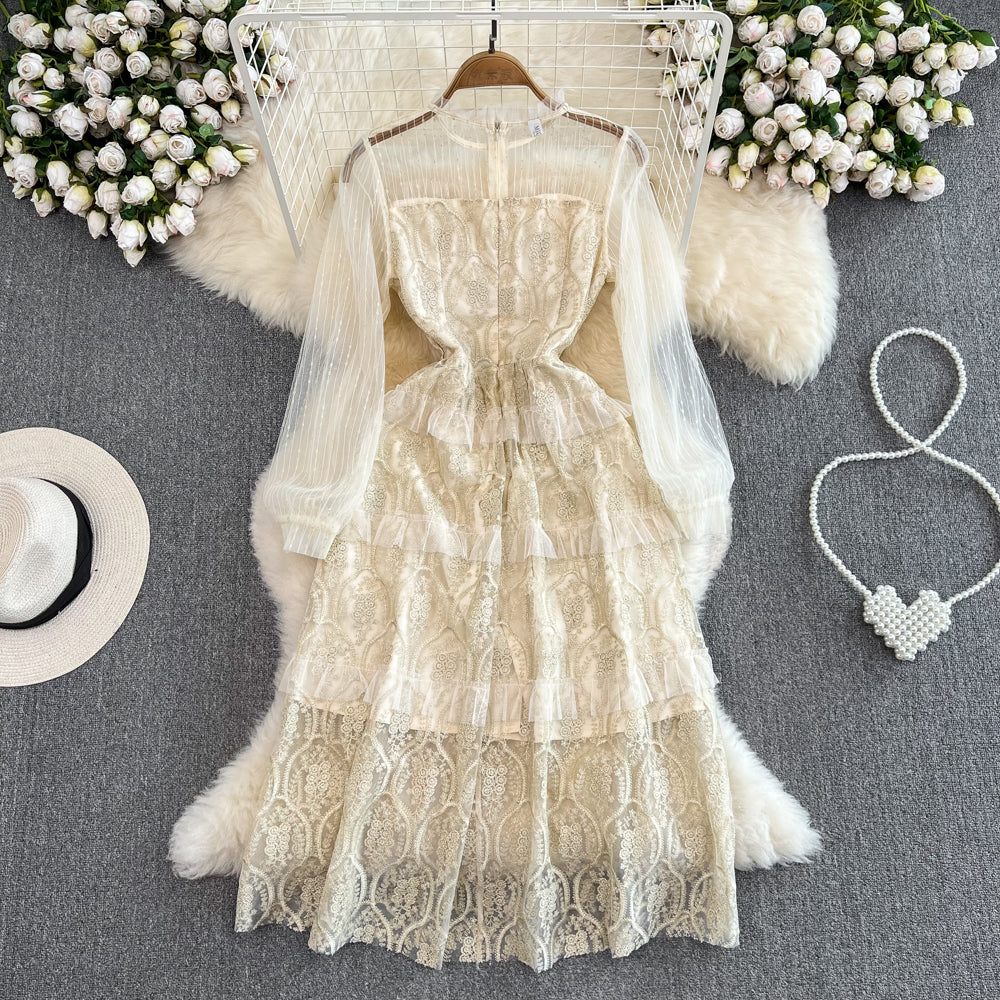 French Retro Round Neck Mesh A-Line Lace Cake Dress - Elegant Vintage Tea Party Gown for Women's Special Occasions, Weddings and Photo Shoots