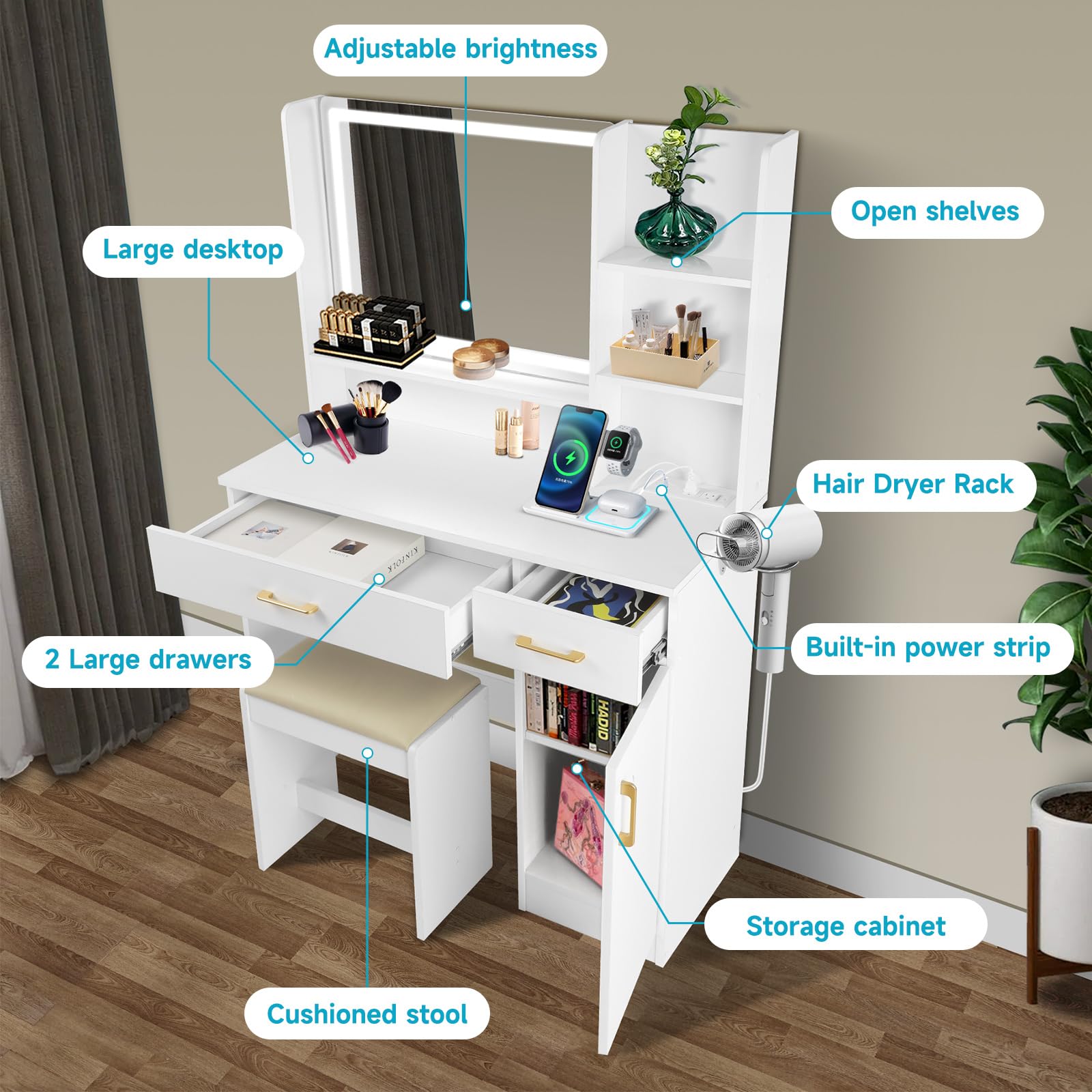 Elegant White Vanity Set with LED Lights, Mirror, Drawers & USB Charging Station - Includes Stool & Storage Organizer for Bedroom, Dressing Room or Makeup Studio