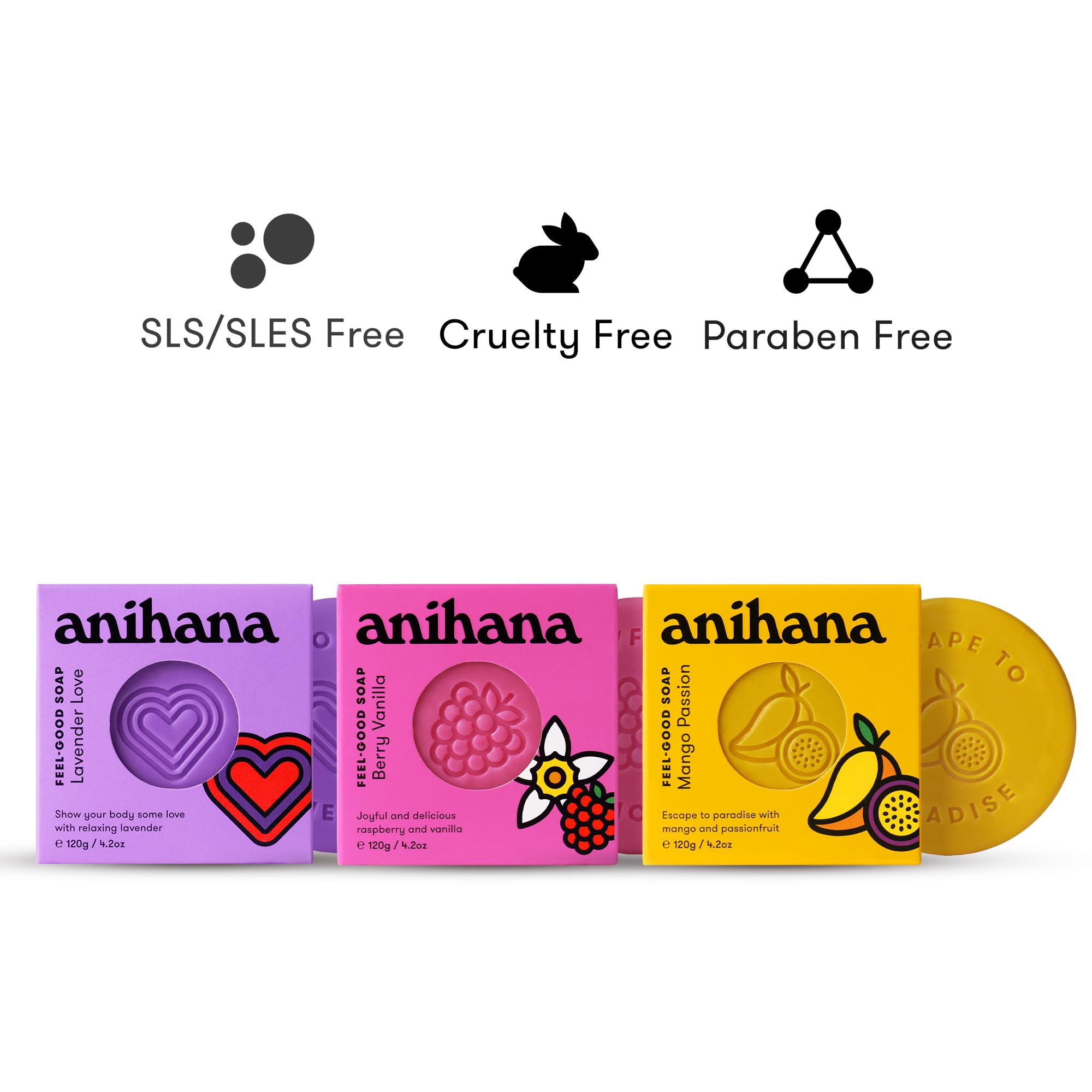 ANIHANA Feel-Good Soap Variety 3 Pack with Coconut Oil & Shea Butter - Gentle Cleansing, Paraben & Cruelty Free - Berry, Mango, Lavender Scented (4.2 oz each) - Perfect for Daily Skincare, Gifts & Relaxation