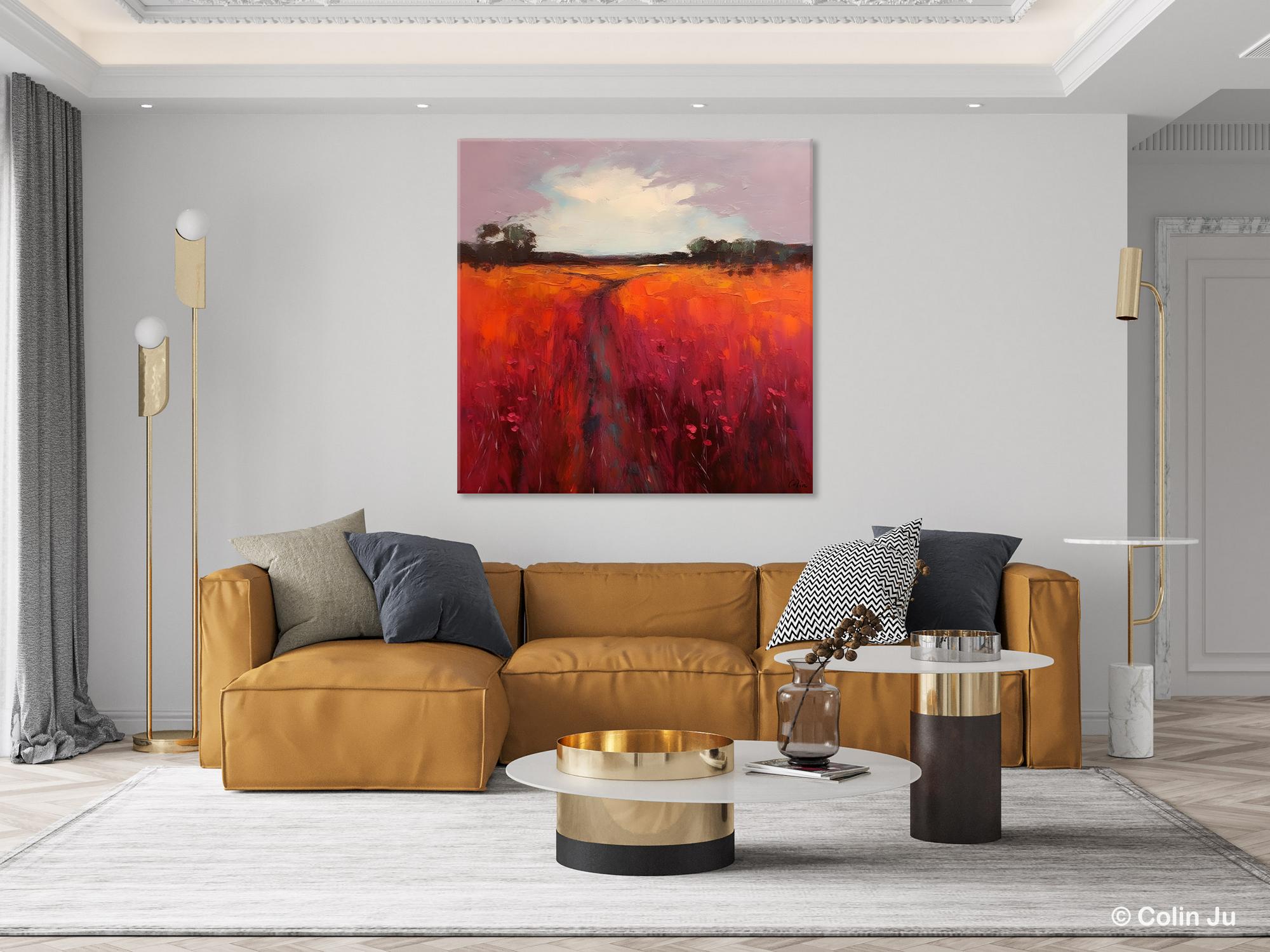 Abstract Landscape Canvas Painting - Red Poppy Flower Field Acrylic Artwork for Living Room Wall Decor | Modern Home & Office Wall Art