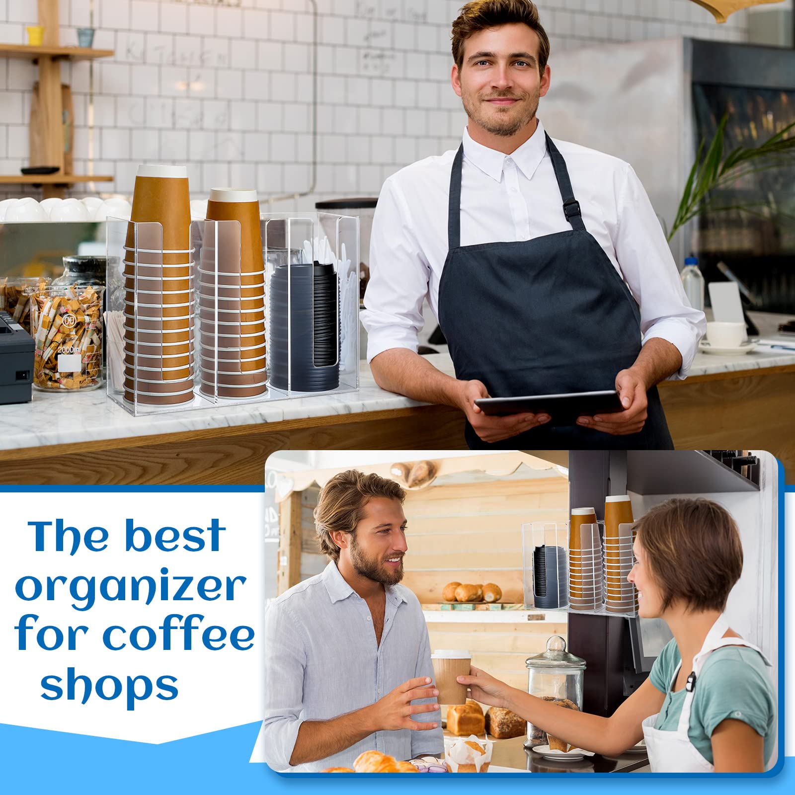 3 Compartments Acrylic Coffee Cup Dispenser Organizer - Clear Wall Mounted Paper Cup, Lid & Sleeve Holder for Coffee Shops, Cafes & Restaurants - Perfect for Counter Storage & Space Saving Organization
