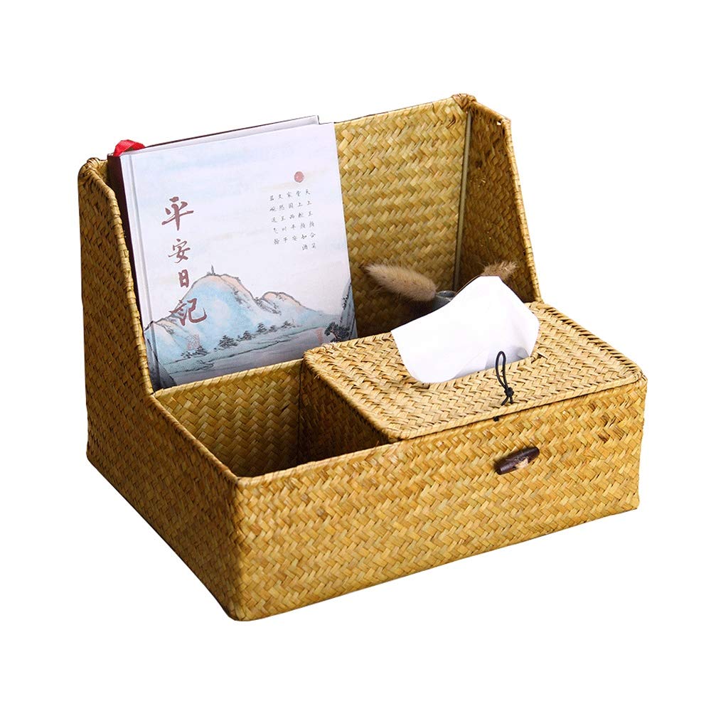 Pastoral Style Bamboo Tissue Box Cover with Storage Case - Multi-Function Hand-Knitted Tabletop Tissue Holder with Buckle - Facial Tissue Dispenser & Napkin Holder for Home, Office, Living Room, Bedroom - Fits 11