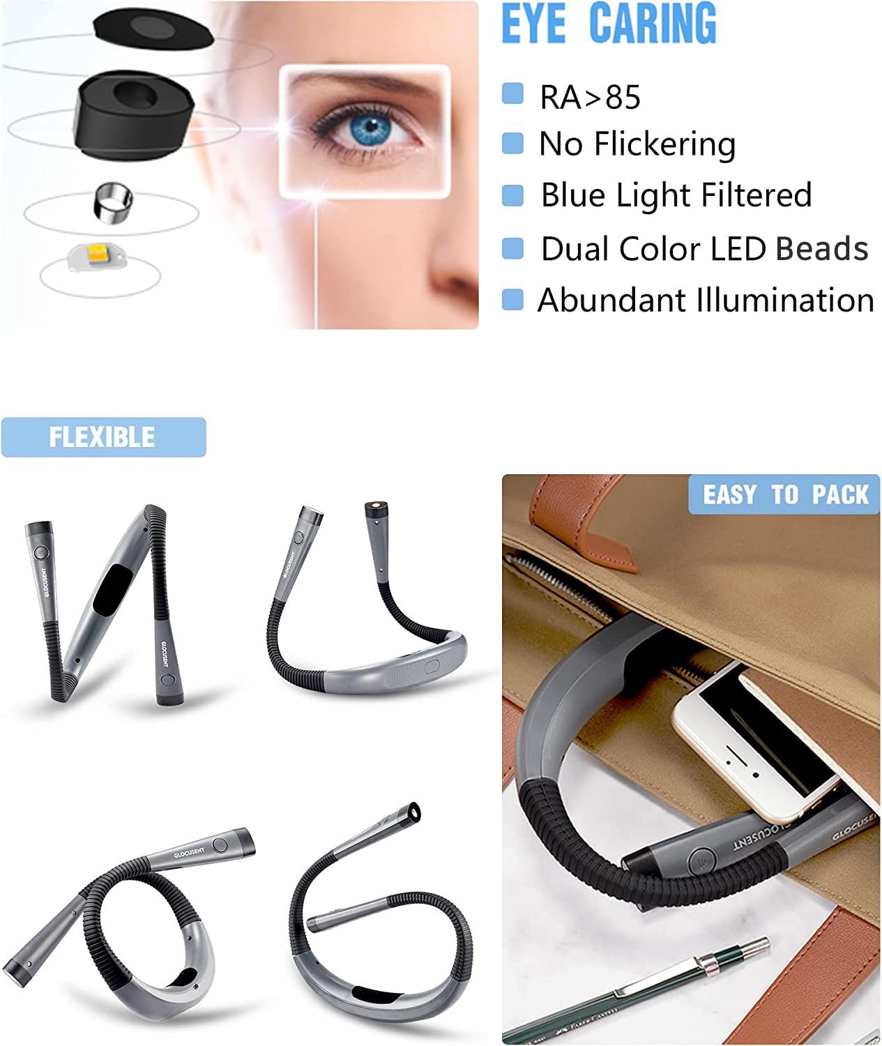 Glocusent Adjustable Book Light with Bendable Neck - Rechargeable Reading Light for Bed, Study, Travel - Perfect Gift for Book Lovers & Night Readers
