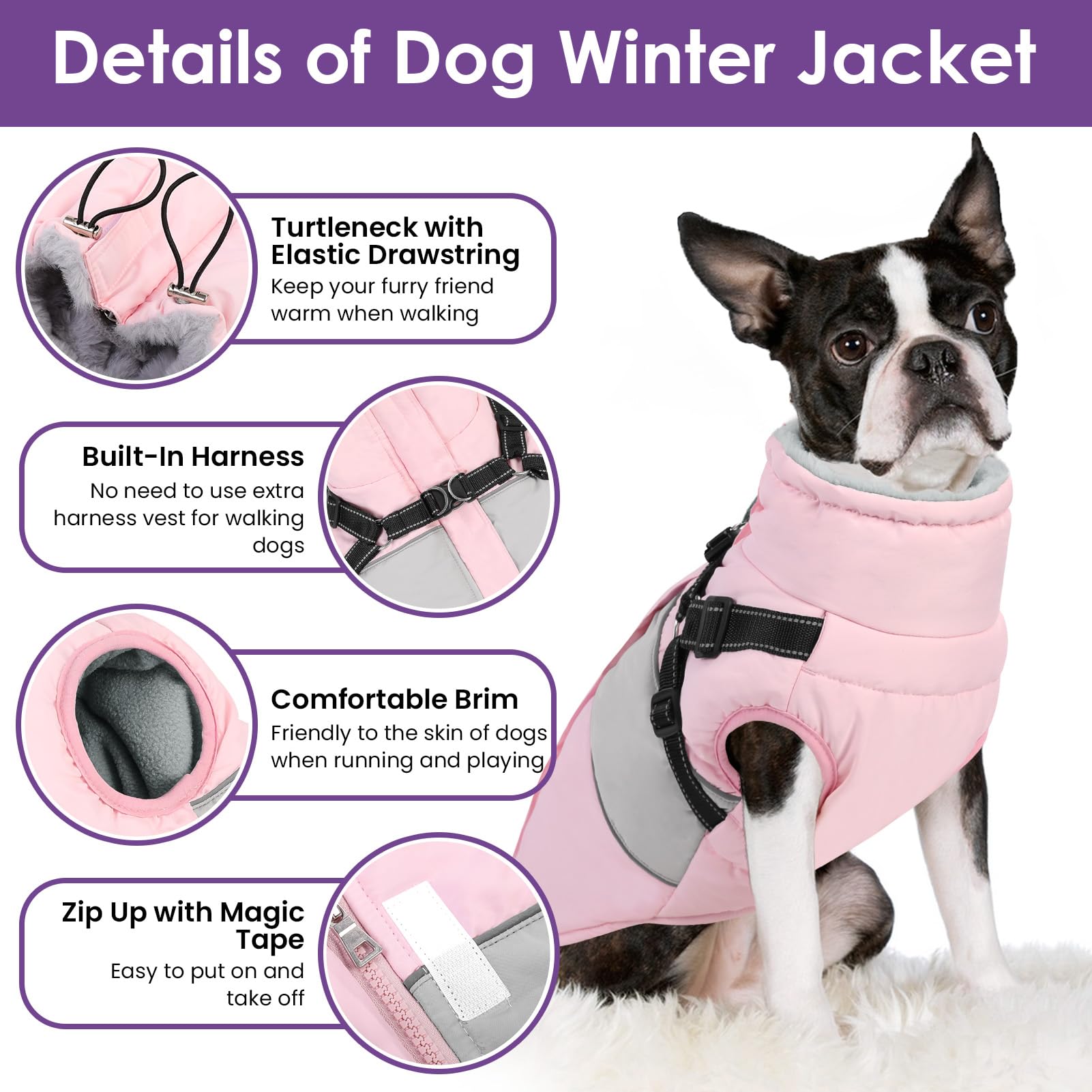 Waterproof Reflective Dog Winter Coat with Fleece Lining & Harness - Warm Snow Jacket for Medium Dogs (Pug, Jack Russel, Boston Terrier) - Perfect for Cold Weather Walks, Outdoor Adventures & Winter Protection - Pink